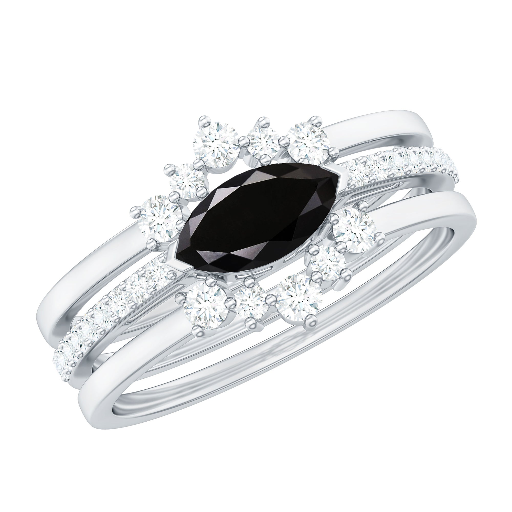 Rosec Jewels-Natural Marquise Black Spinel Diamond 3 Piece Bridal Ring Set