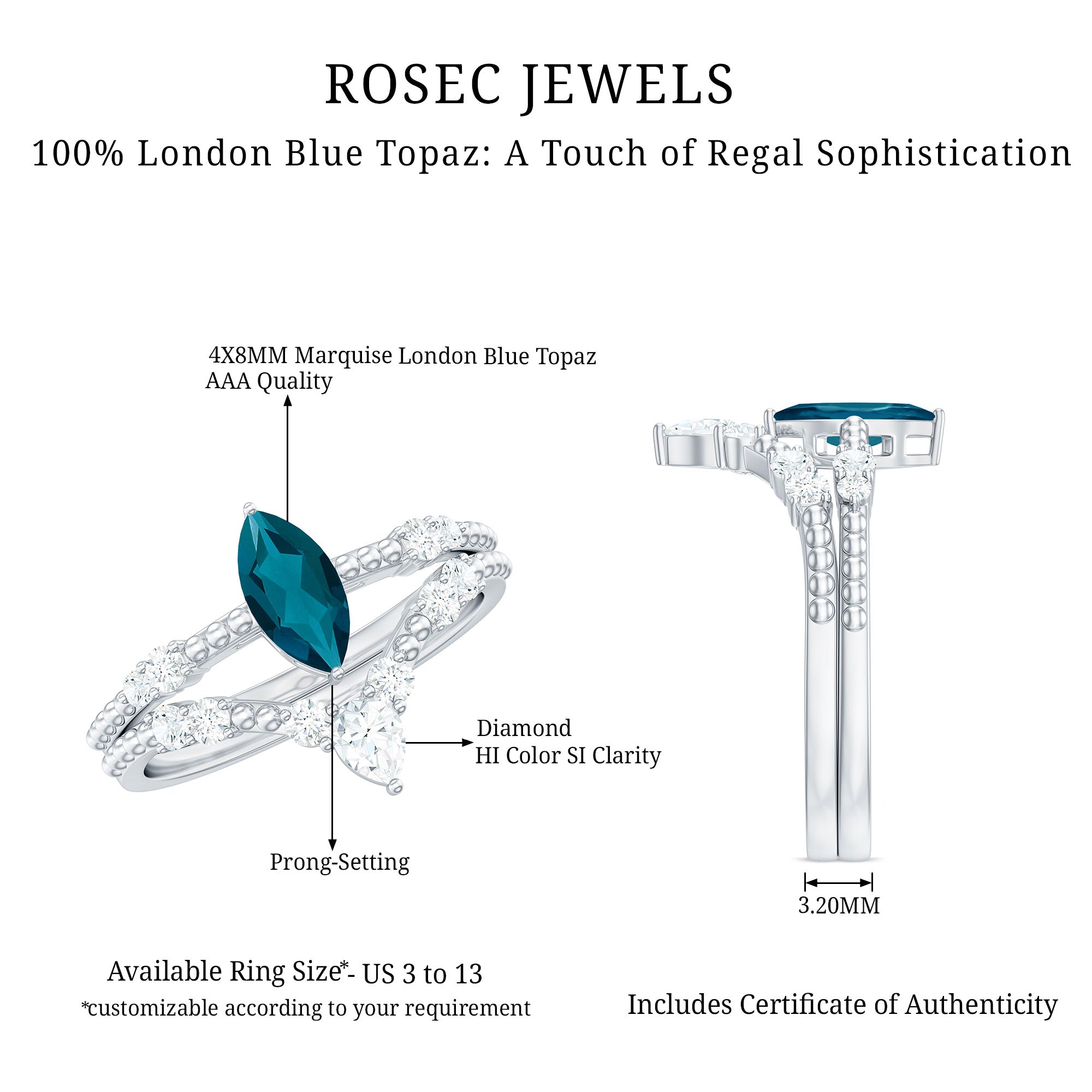 Rosec Jewels-London Blue Topaz and Diamond Wedding Ring Set with Beaded Details
