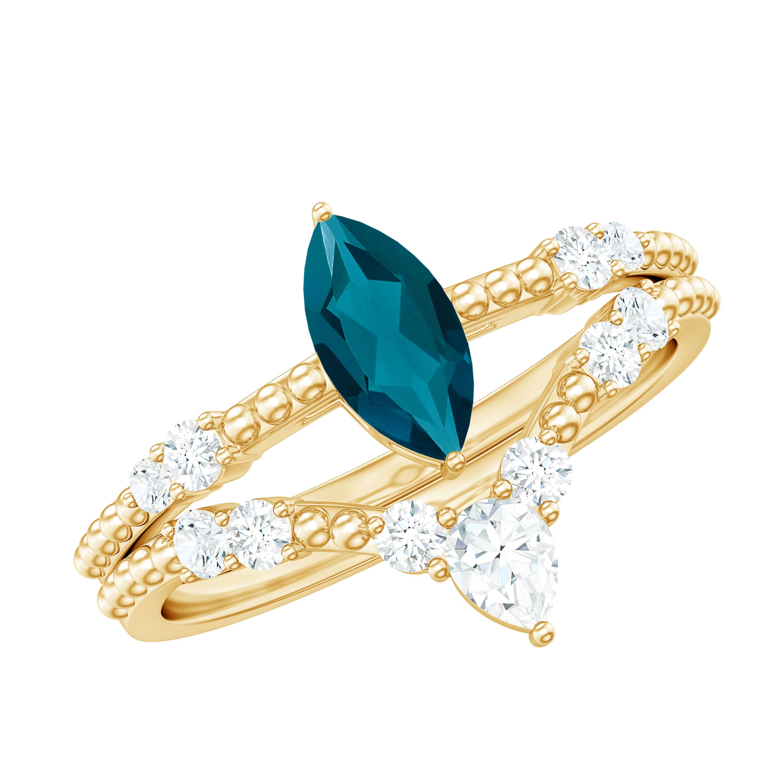 London Blue Topaz and Diamond Wedding Ring Set with Beaded Details AAA - Rosec Jewels