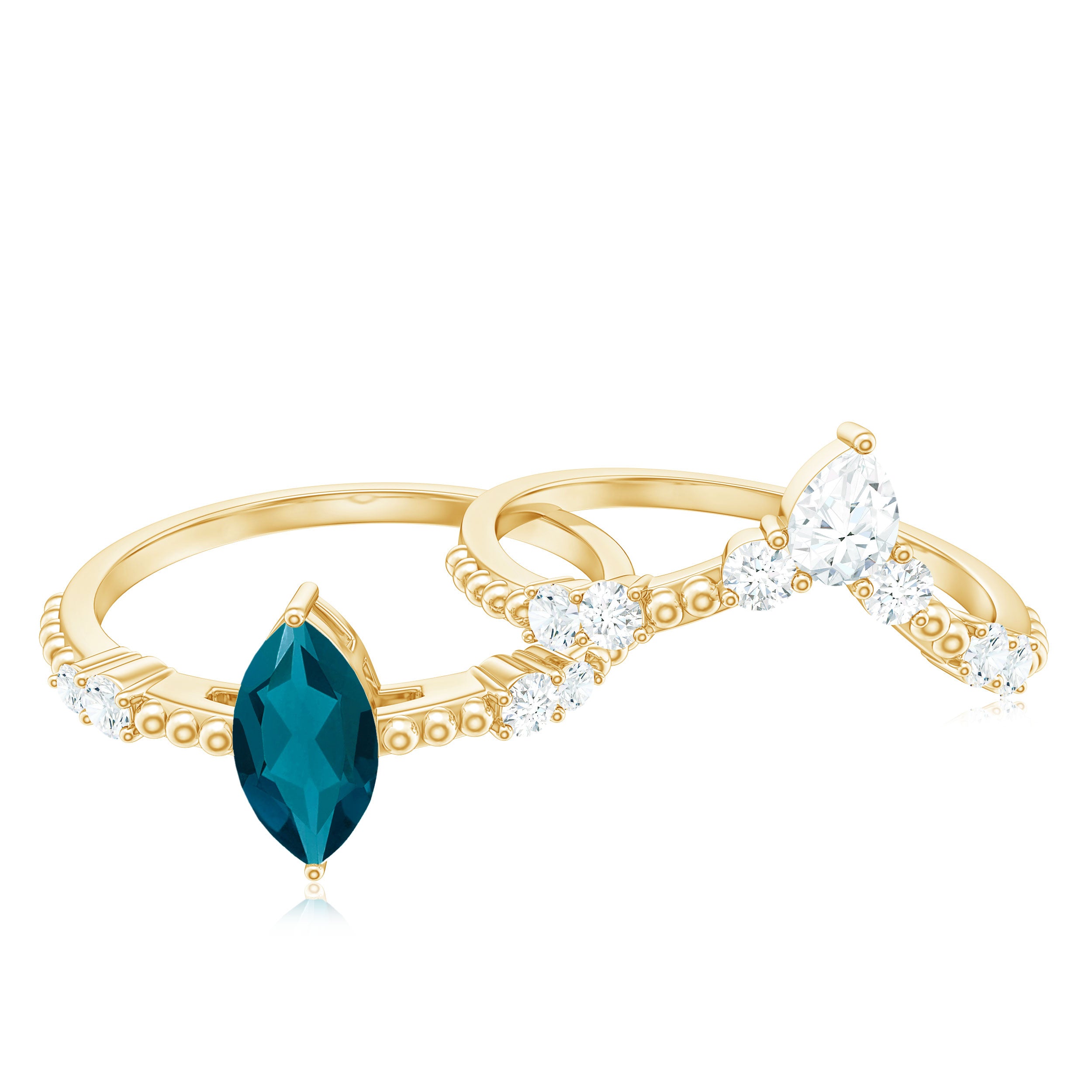 Rosec Jewels-London Blue Topaz and Diamond Wedding Ring Set with Beaded Details