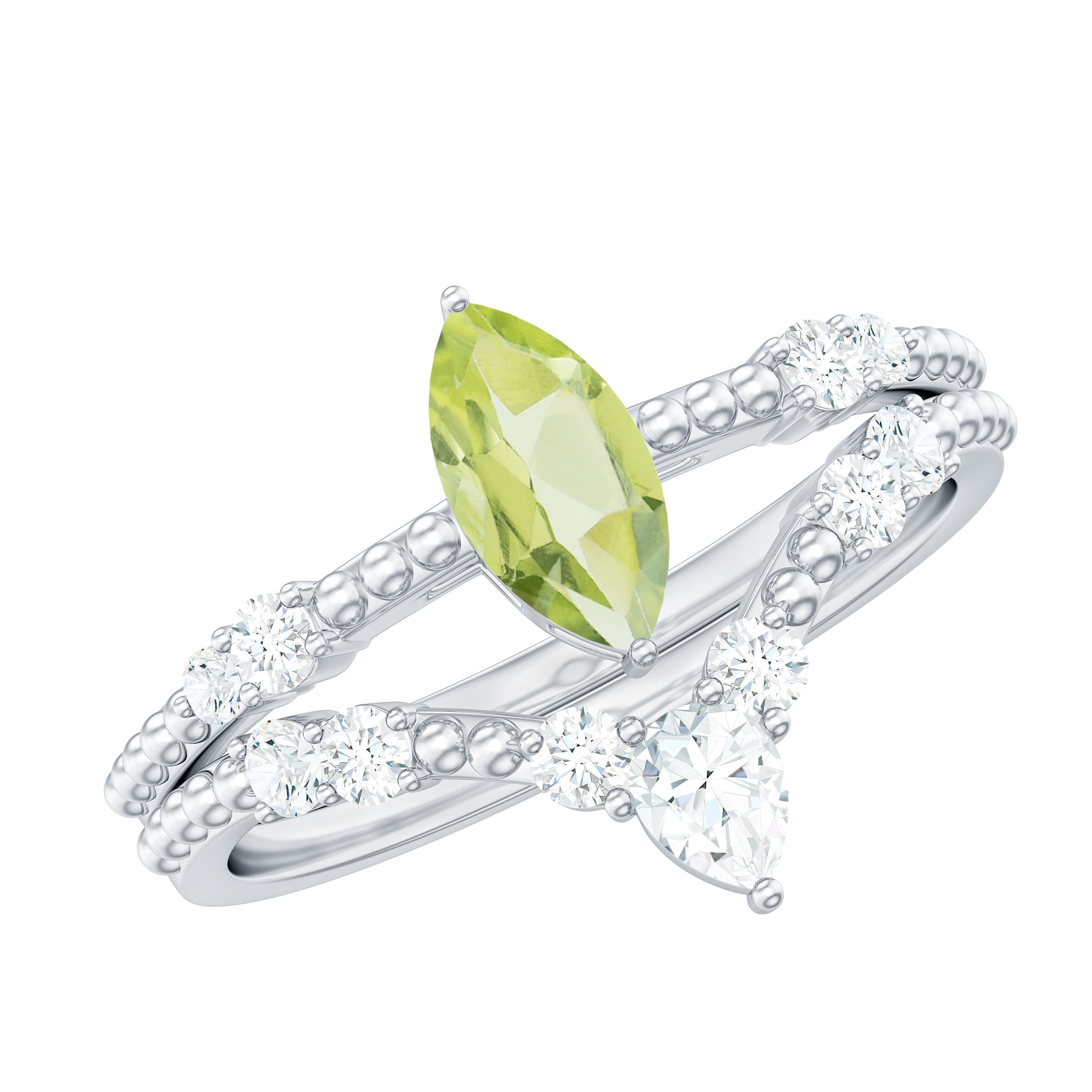 Natural Peridot Marquise Engagement Ring With Wedding Band AAA - Rosec Jewels