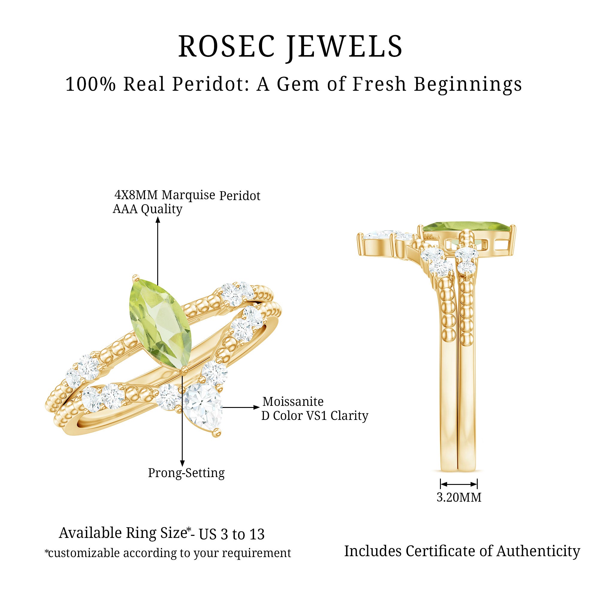 Natural Peridot Marquise Engagement Ring With Wedding Band AAA - Rosec Jewels