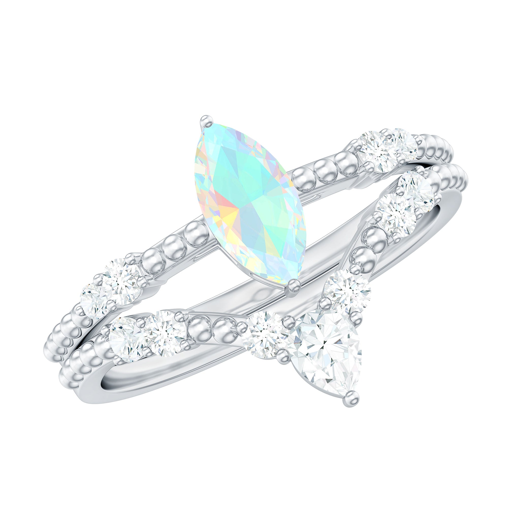 Ethiopian Opal Beaded Ring Set with Moissanite Ethiopian Opal - ( AAA ) - Quality - Rosec Jewels