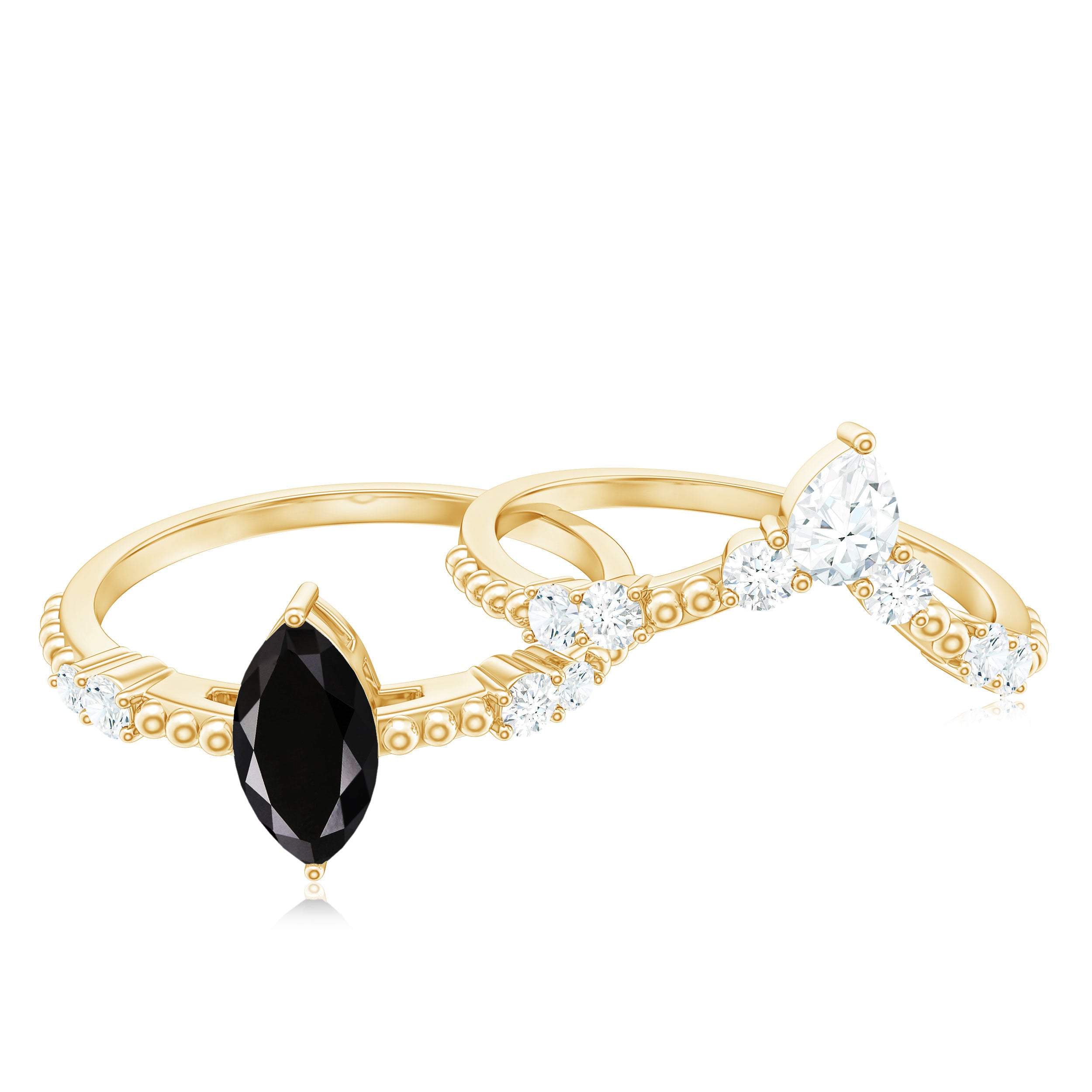 4x8mm Marquise Cut Black Onyx Solitaire Ring Set with Moissanite Band AAA - Rosec Jewels