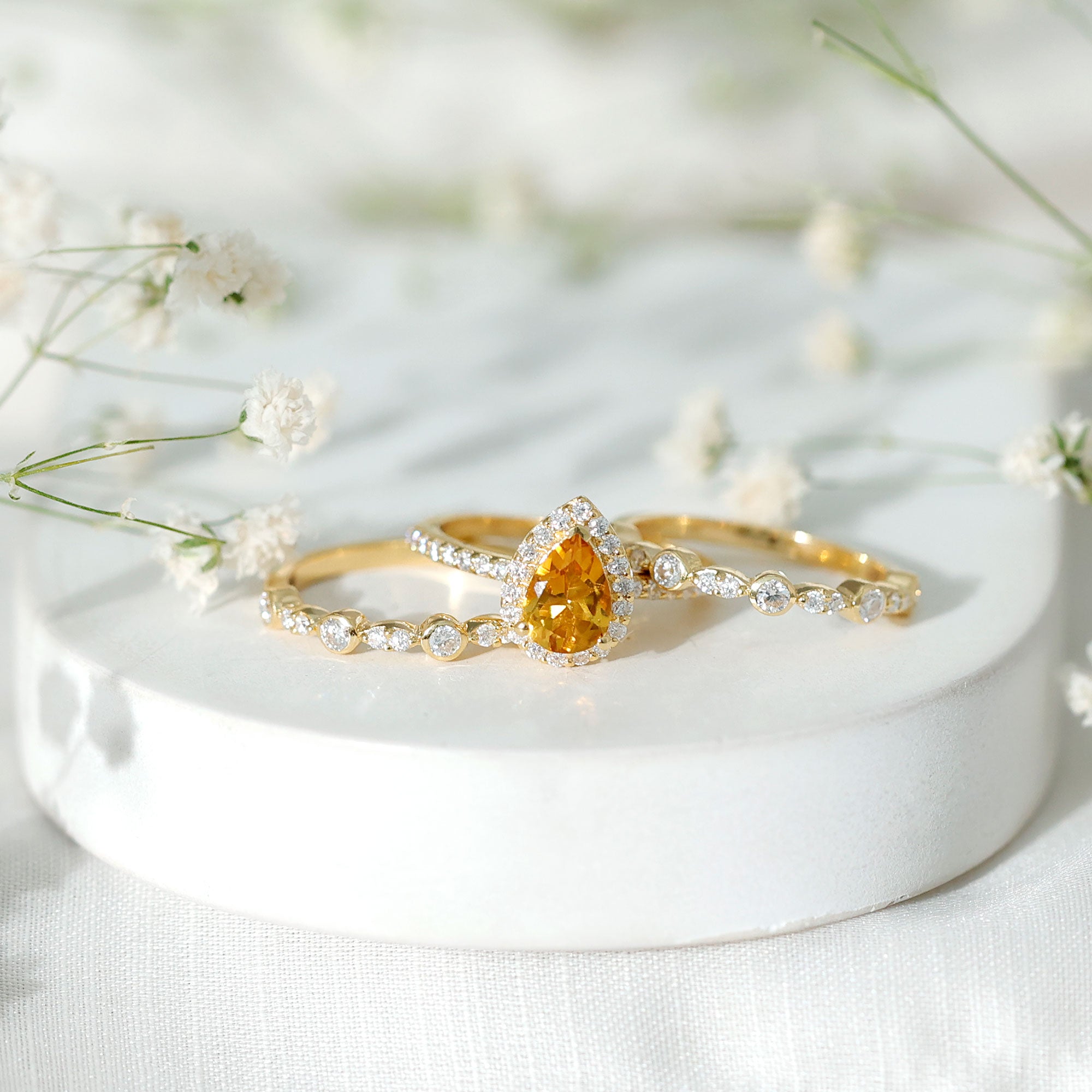Rosec Jewels-Pear Cut Citrine Bridal Trio Ring Set with Moissanite Band