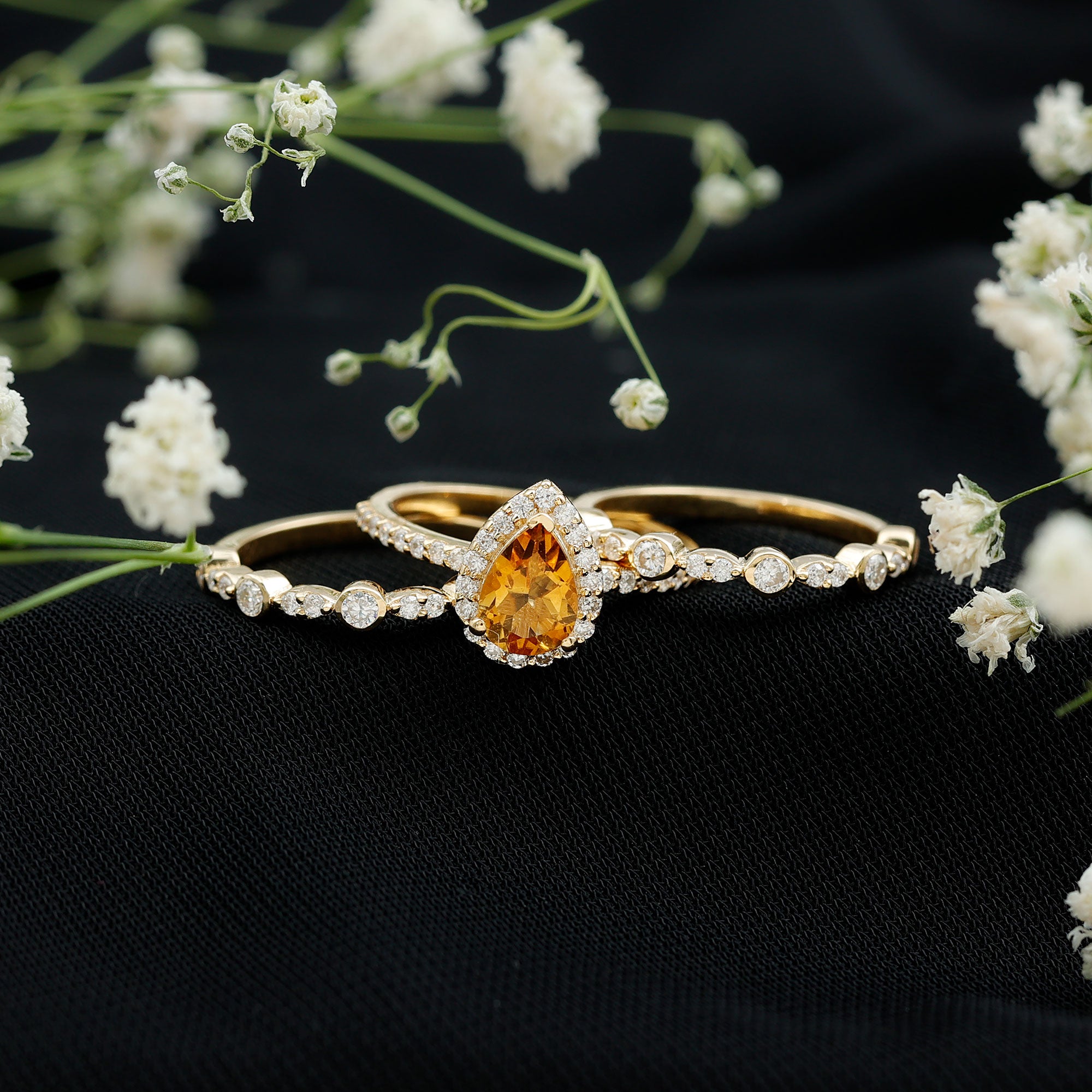 Rosec Jewels-Pear Cut Citrine Bridal Trio Ring Set with Moissanite Band