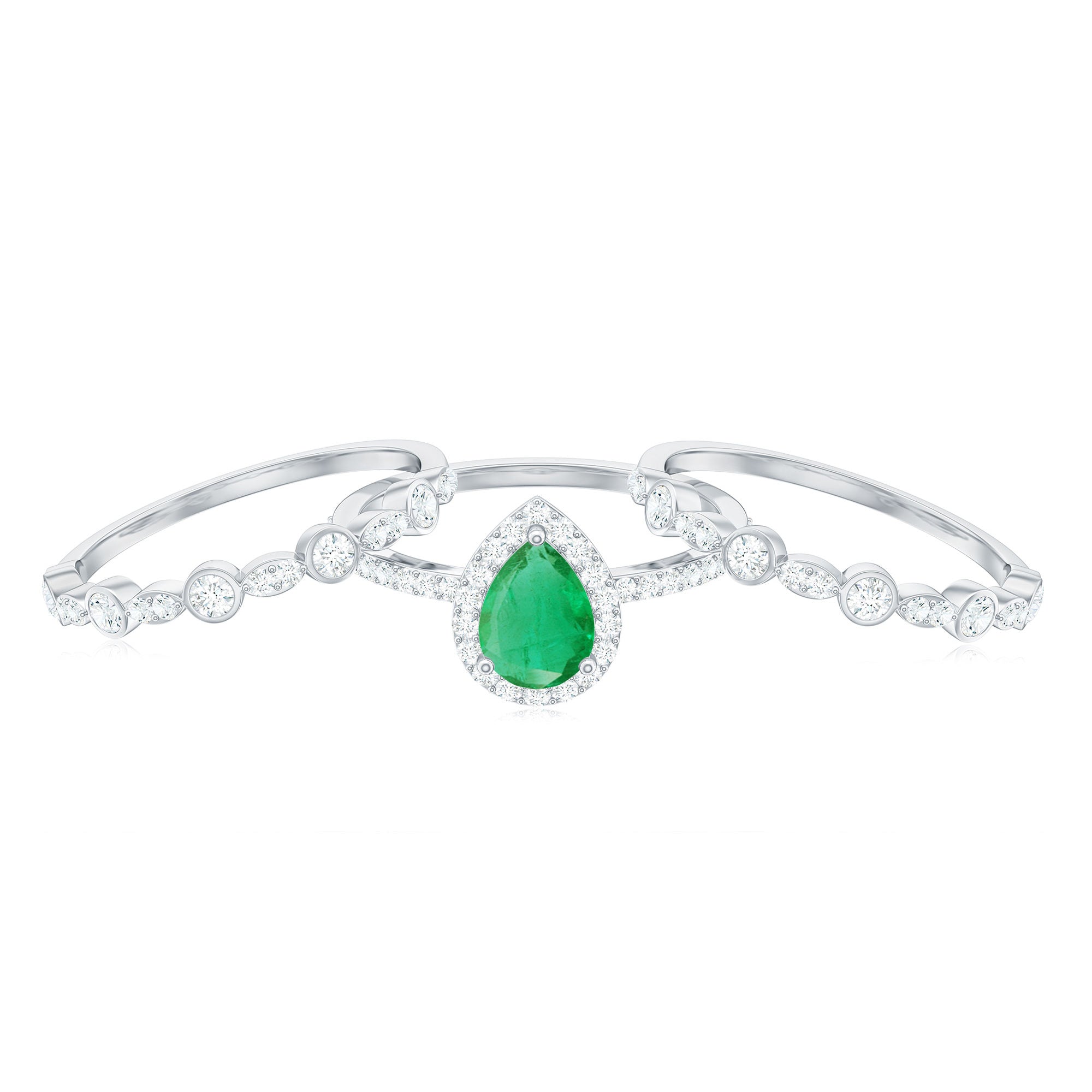 Natural Emerald Teardrop Engagement Ring and Wedding Band Set of 3 AAA - Rosec Jewels