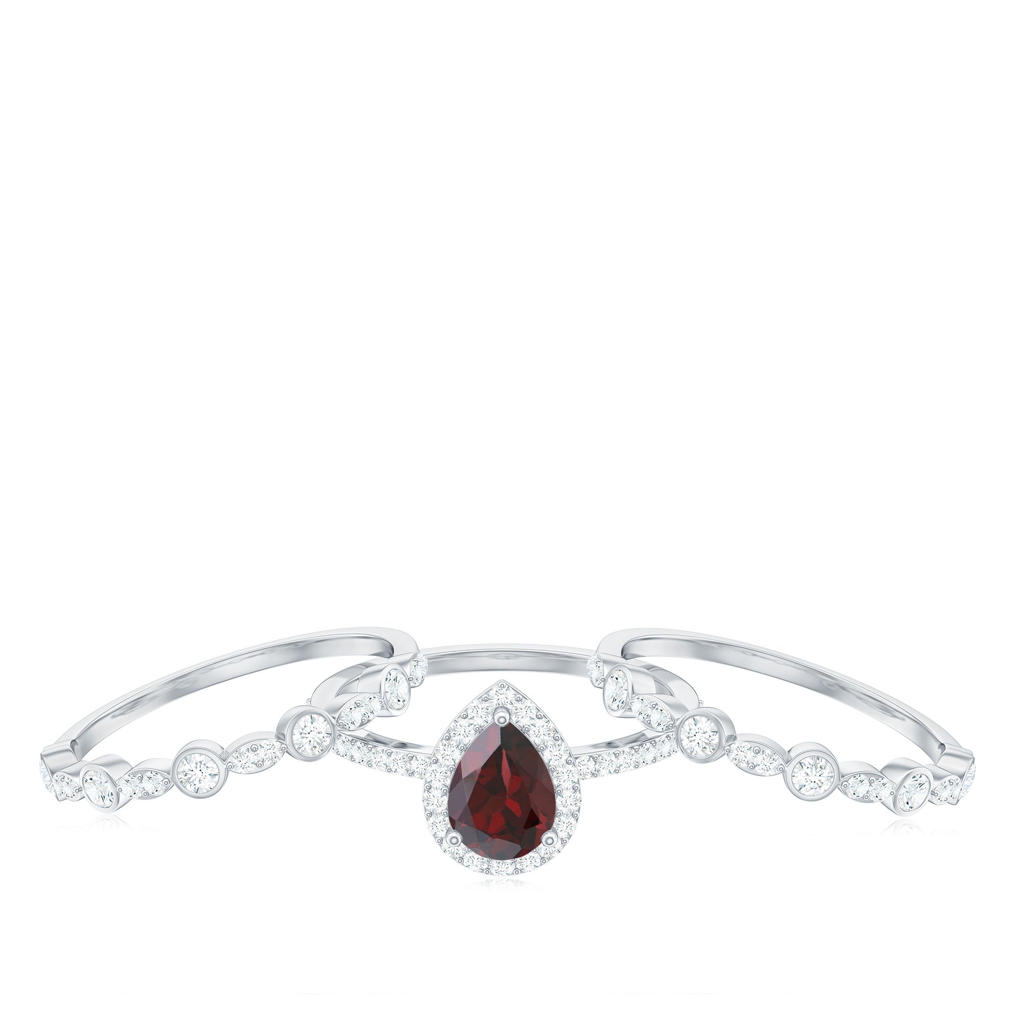 Real 5X7mm Pear Shape Garnet 3 Piece Wedding Ring Set AAA - Rosec Jewels