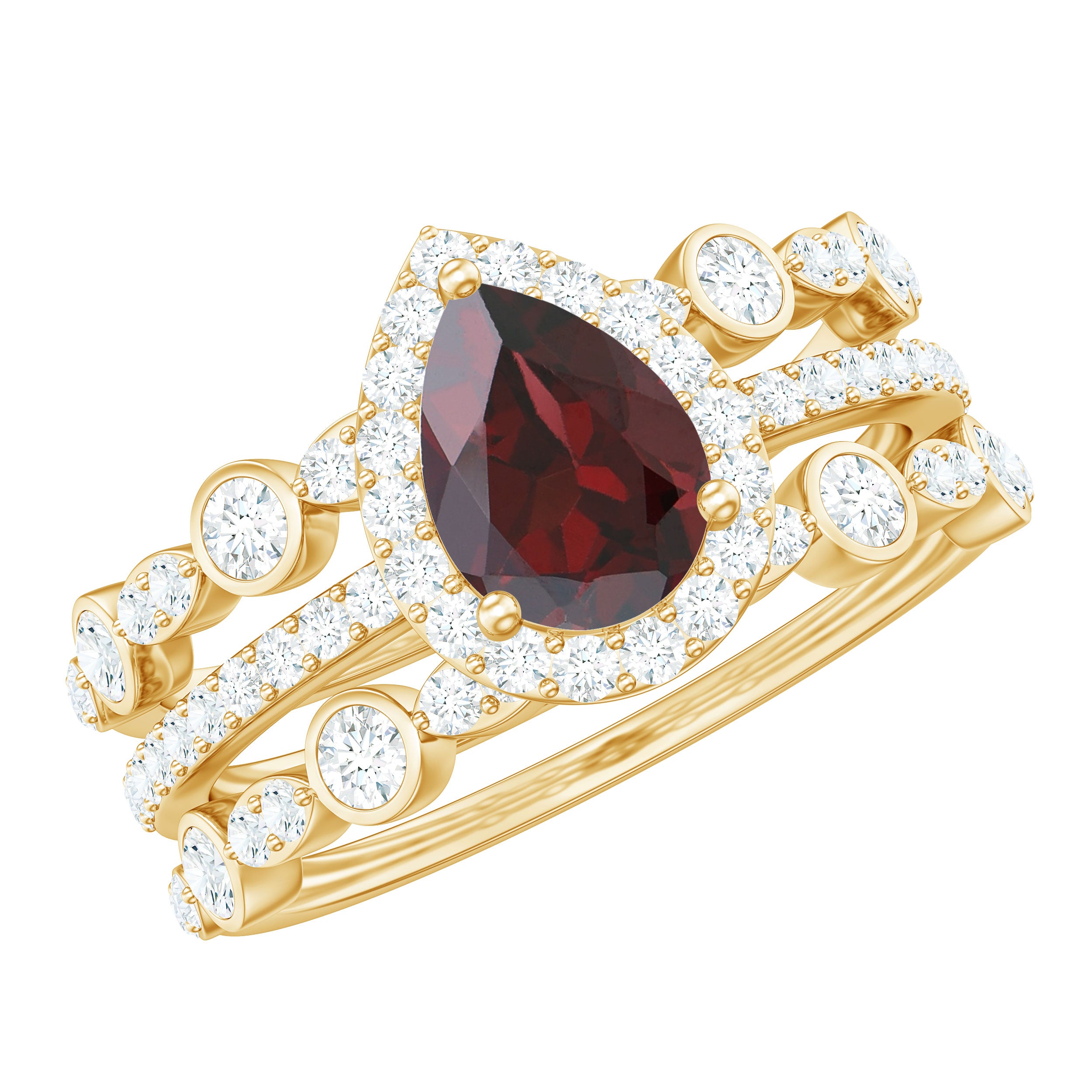 Real 5X7mm Pear Shape Garnet 3 Piece Wedding Ring Set AAA - Rosec Jewels