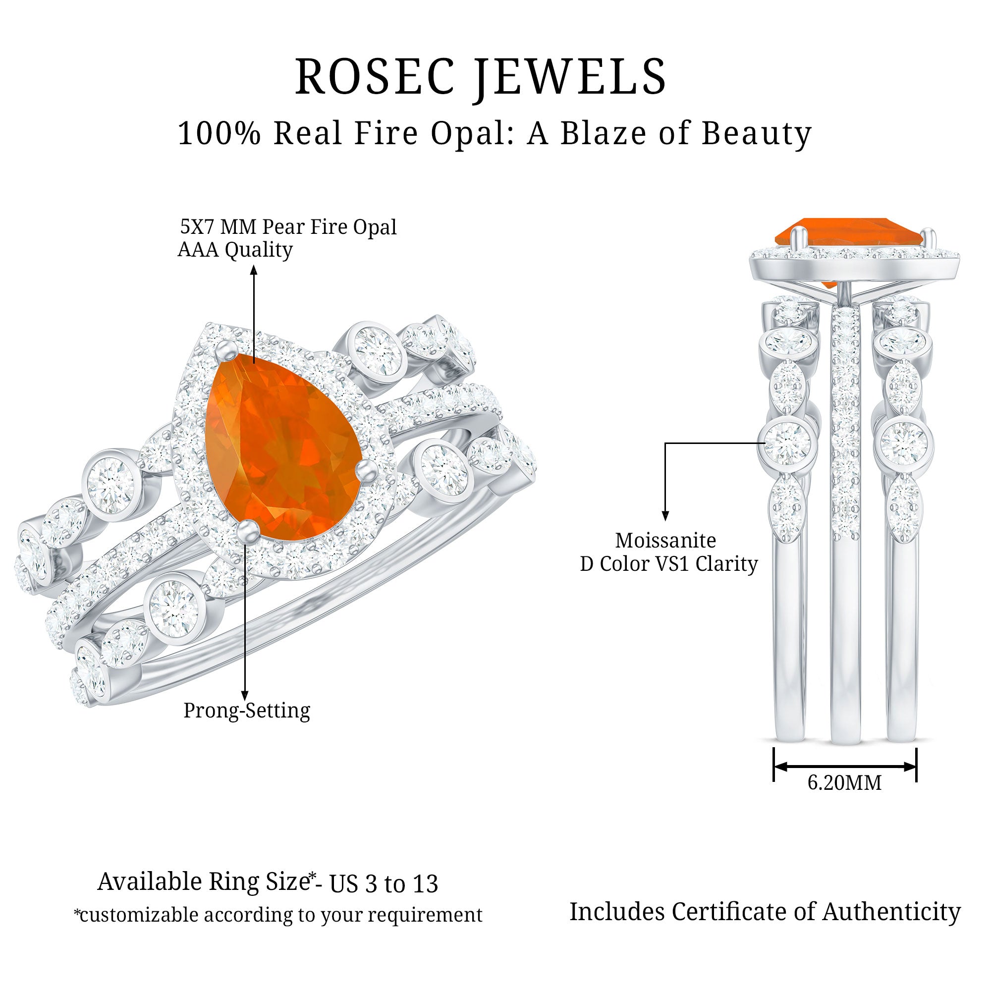 Rosec Jewels-Pear Cut Fire Opal Bridal Trio Ring Set with Moissanite Band