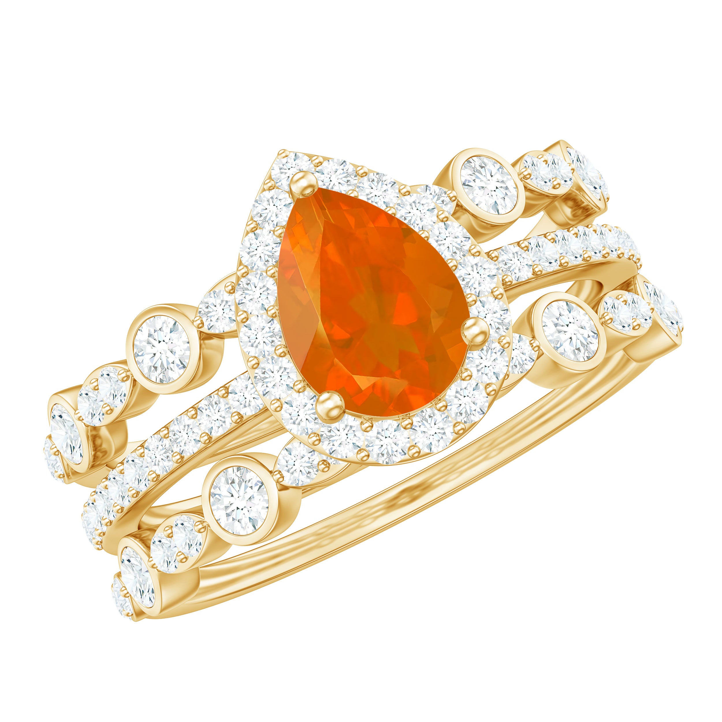 Rosec Jewels-Pear Cut Fire Opal Bridal Trio Ring Set with Moissanite Band