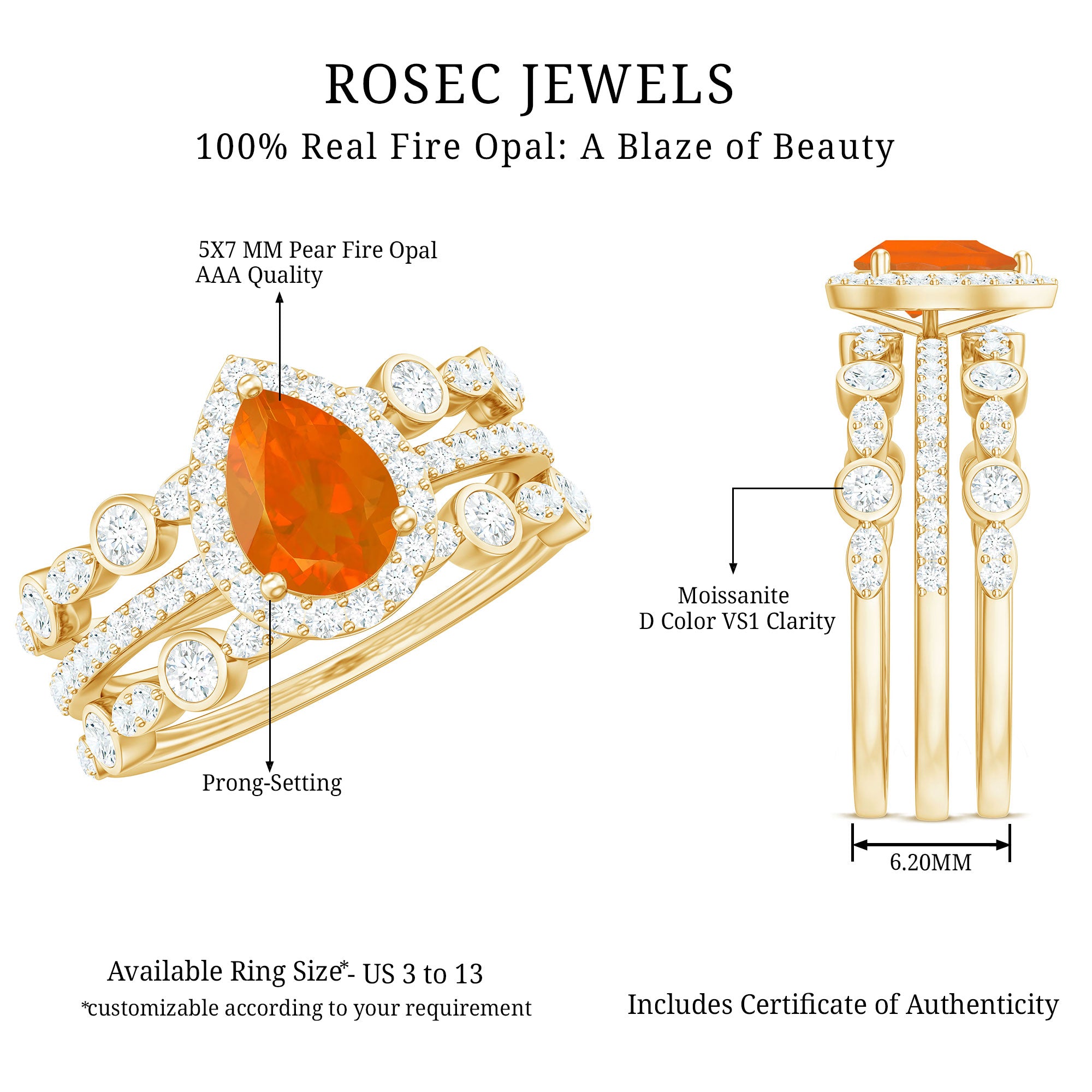 Rosec Jewels-Pear Cut Fire Opal Bridal Trio Ring Set with Moissanite Band