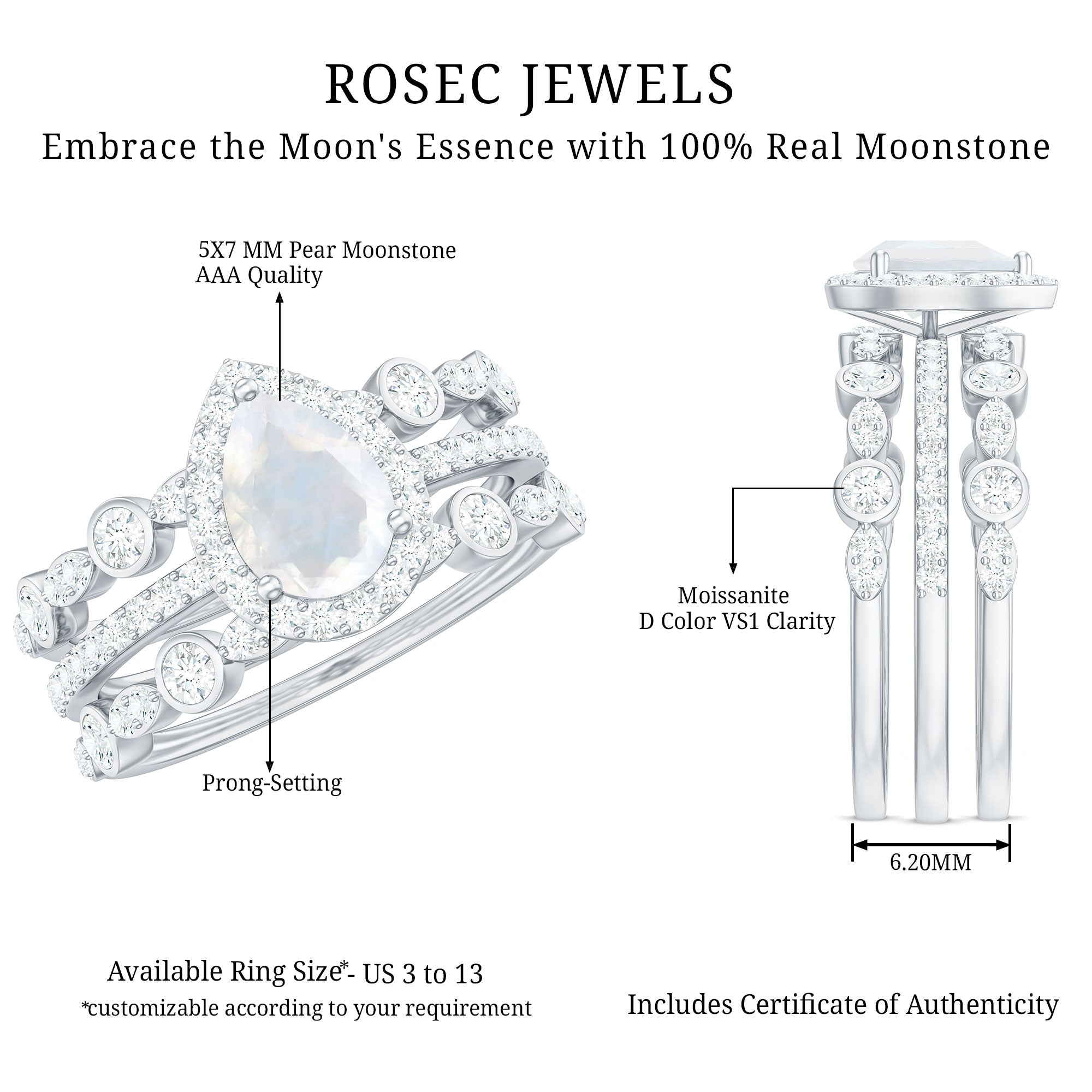 Pear Cut Moonstone Bridal Trio Ring Set with Moissanite Band AAA - Rosec Jewels