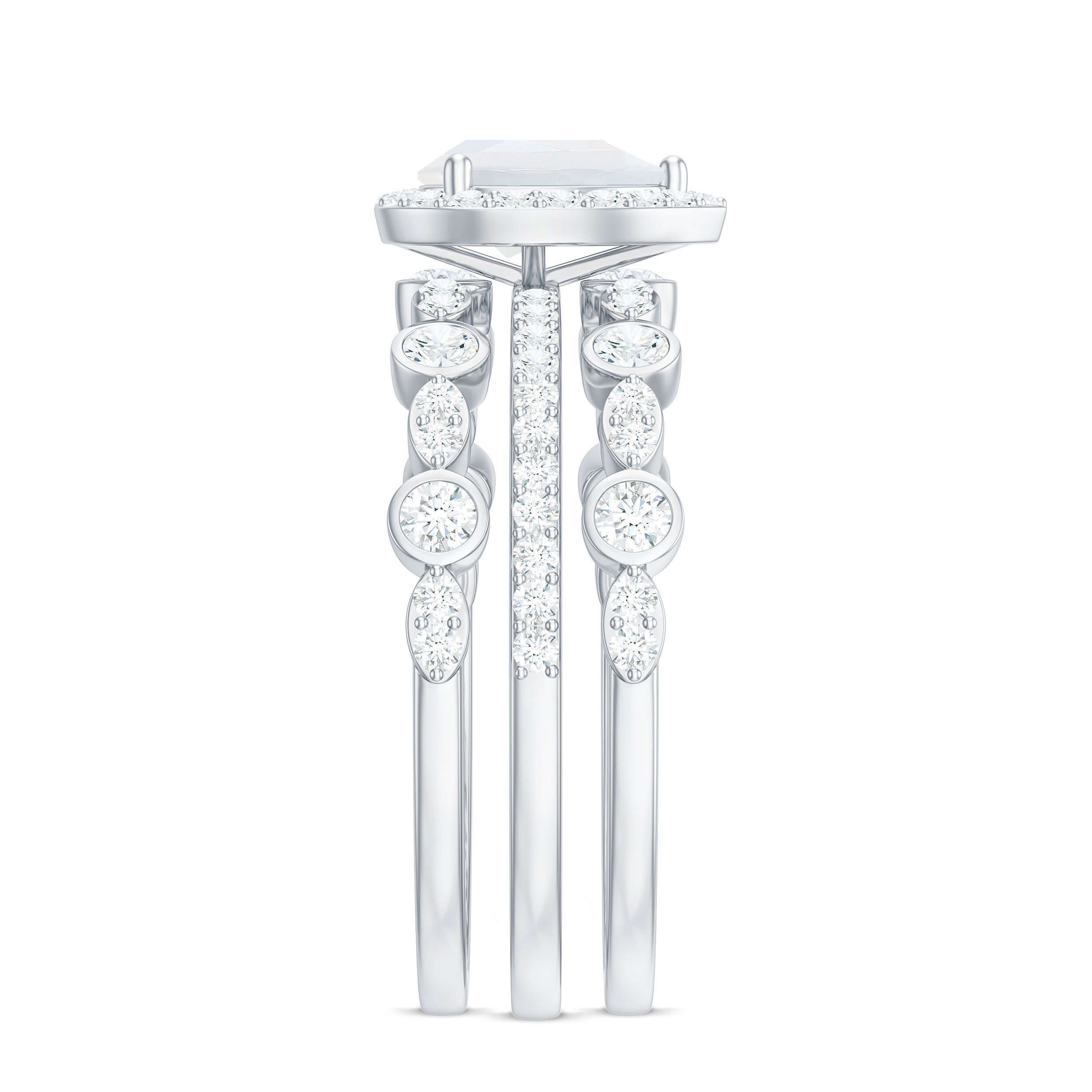 Pear Cut Moonstone Bridal Trio Ring Set with Moissanite Band AAA - Rosec Jewels