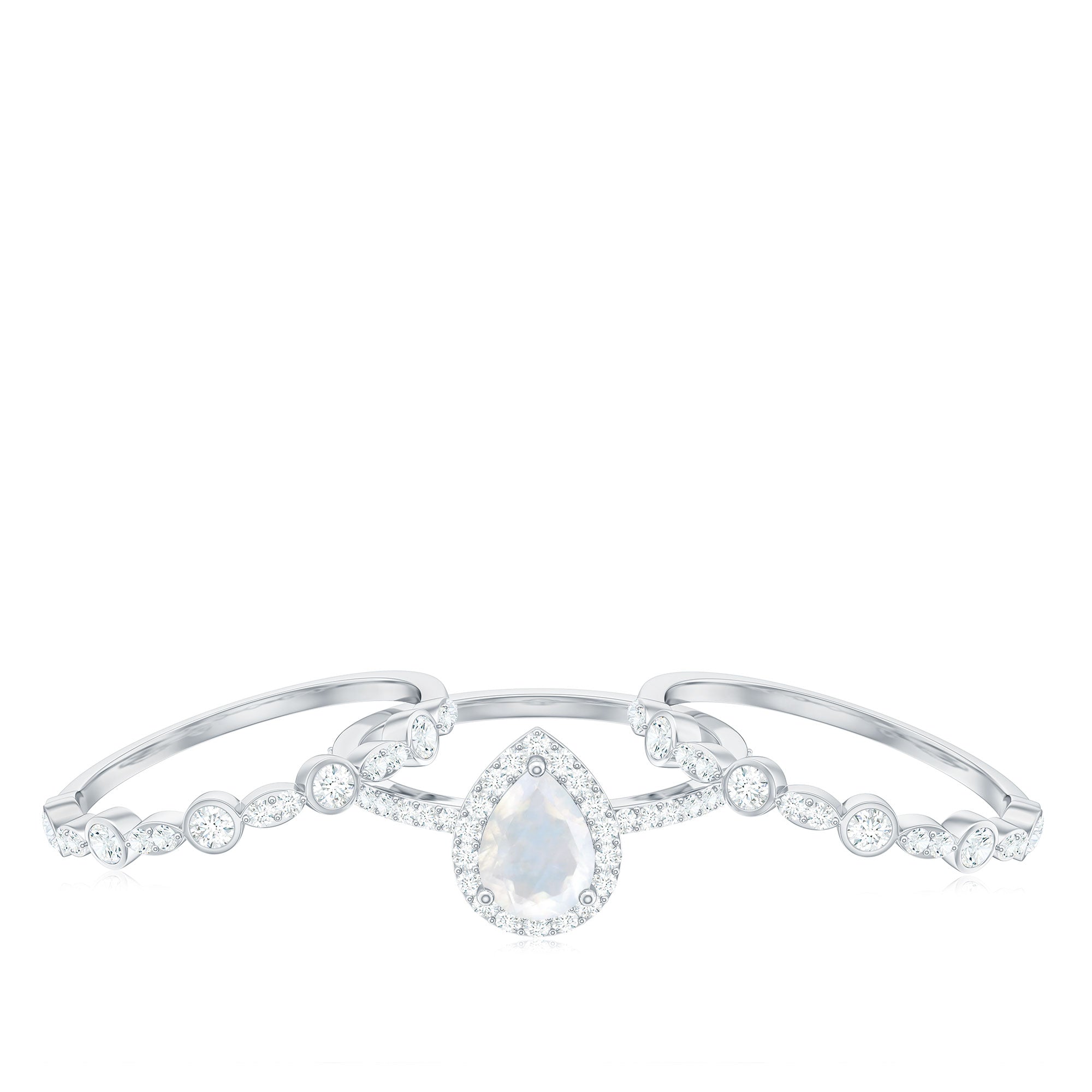 Pear Cut Moonstone Bridal Trio Ring Set with Moissanite Band AAA - Rosec Jewels