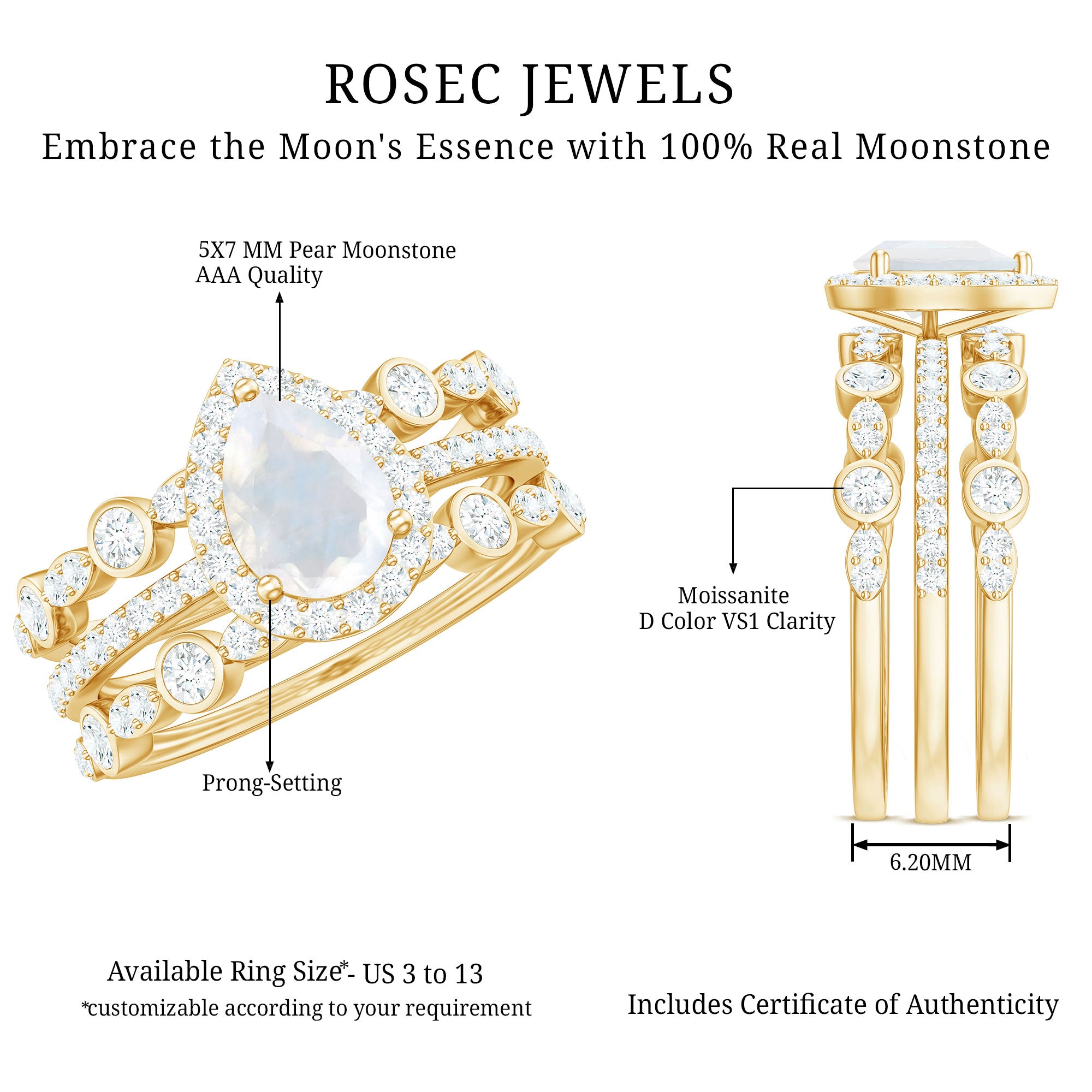 Pear Cut Moonstone Bridal Trio Ring Set with Moissanite Band AAA - Rosec Jewels