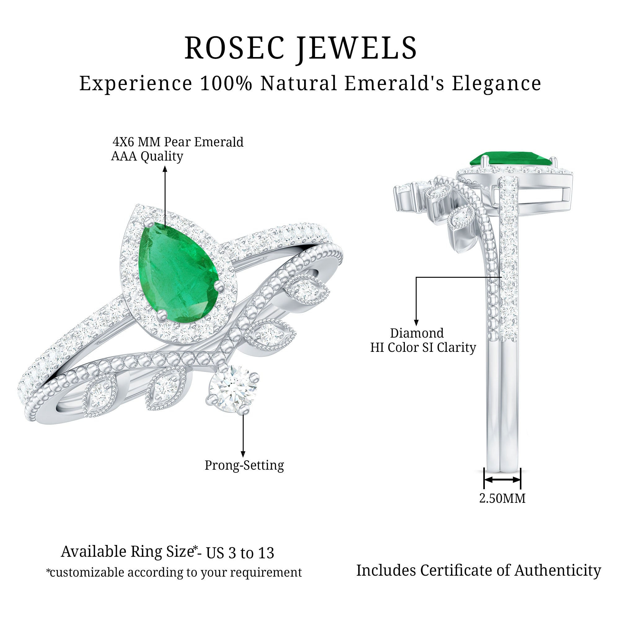 Vintage Looking Emerald Diamond Designer Engagement Wedding Ring Set AAA - Rosec Jewels