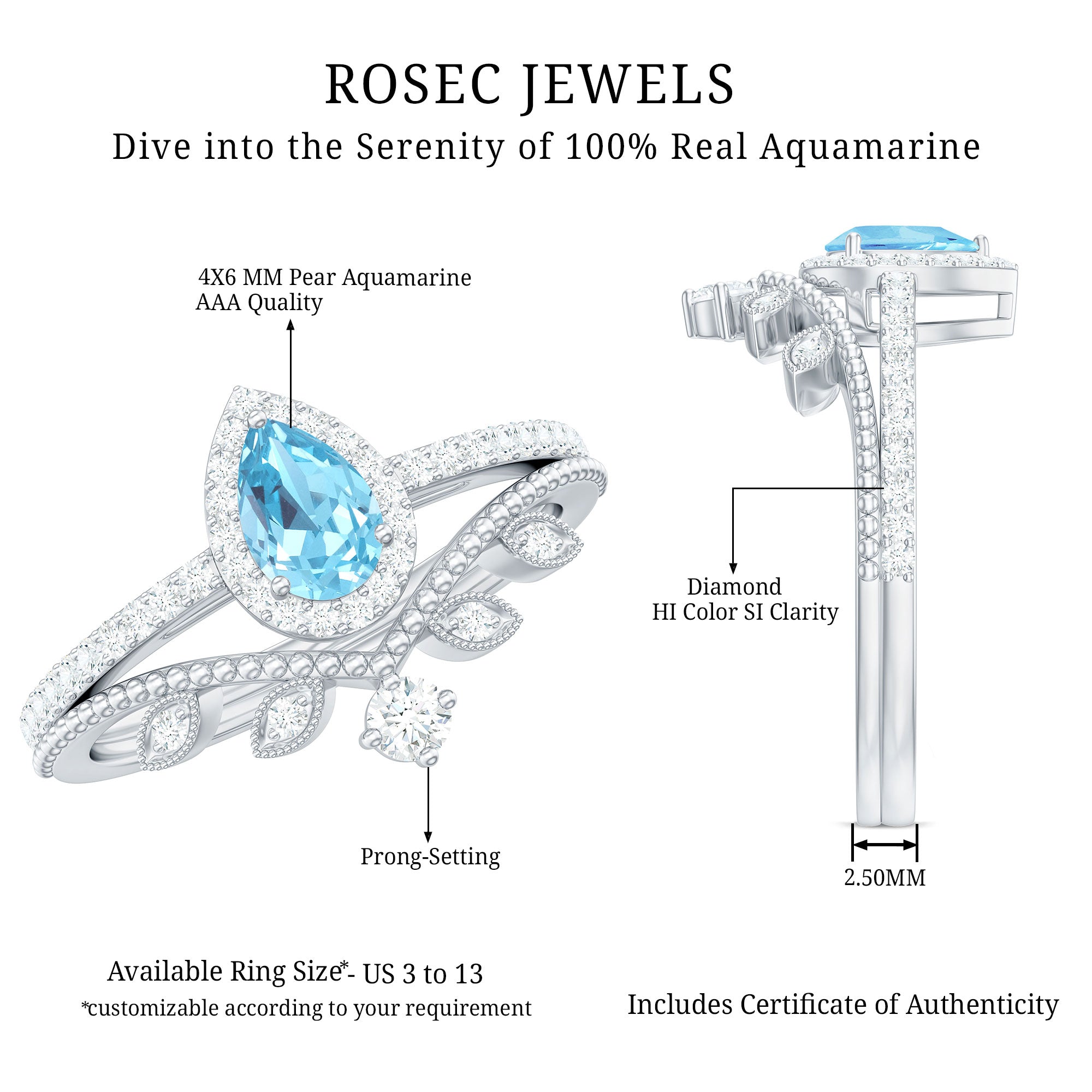 Rosec Jewels-Vintage Looking Aquamarine and Diamond Teardrop Wedding Ring Set for Women