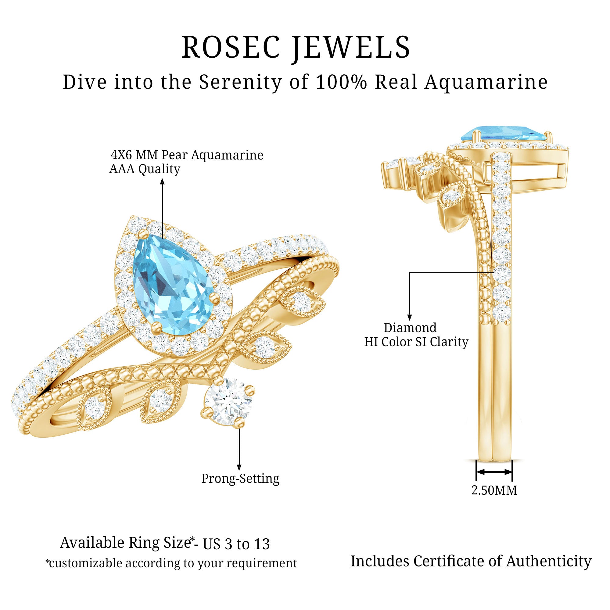 Rosec Jewels-Vintage Looking Aquamarine and Diamond Teardrop Wedding Ring Set for Women
