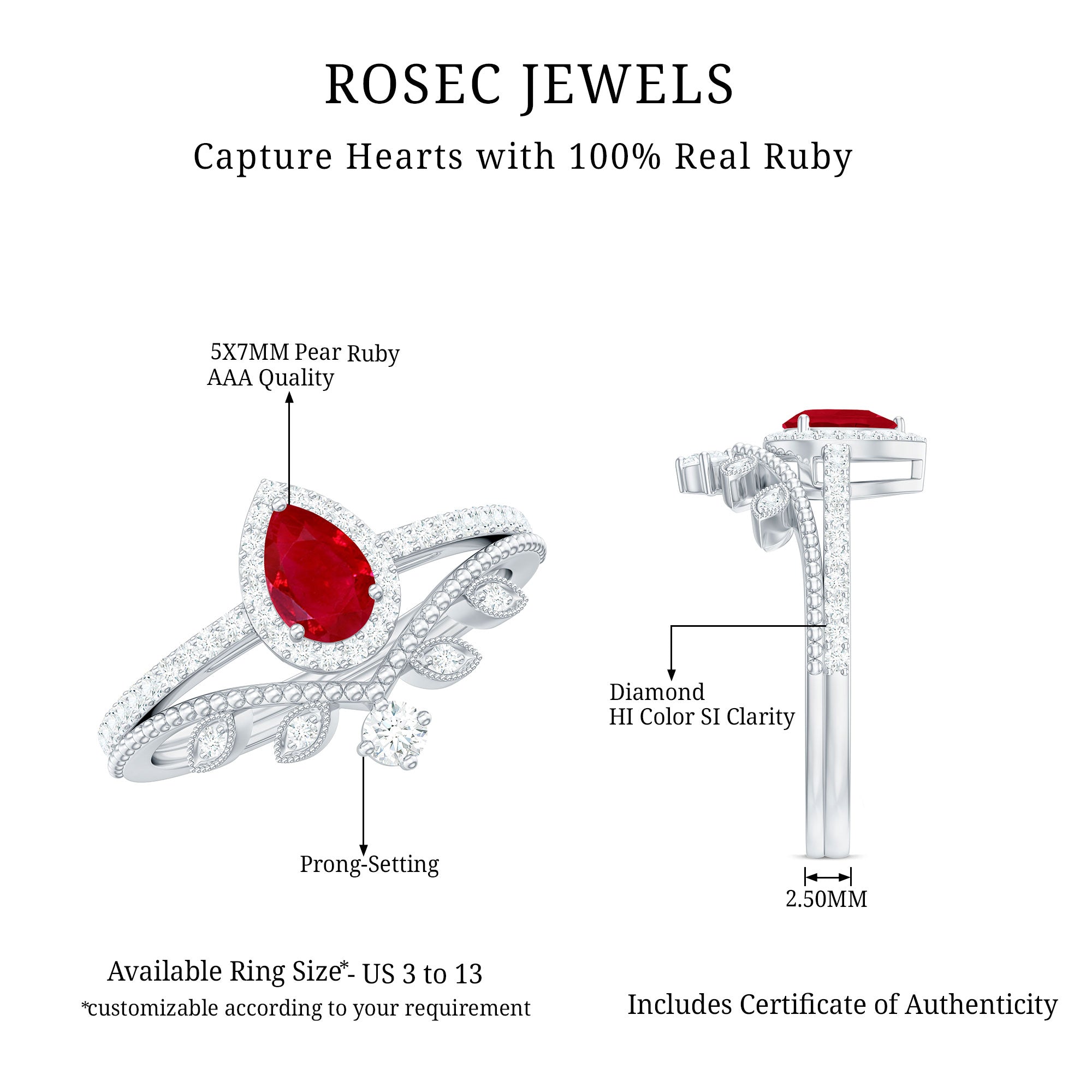 Vintage Looking Pear Shape Ruby Diamond Engagement Ring with Enhancer AAA - Rosec Jewels