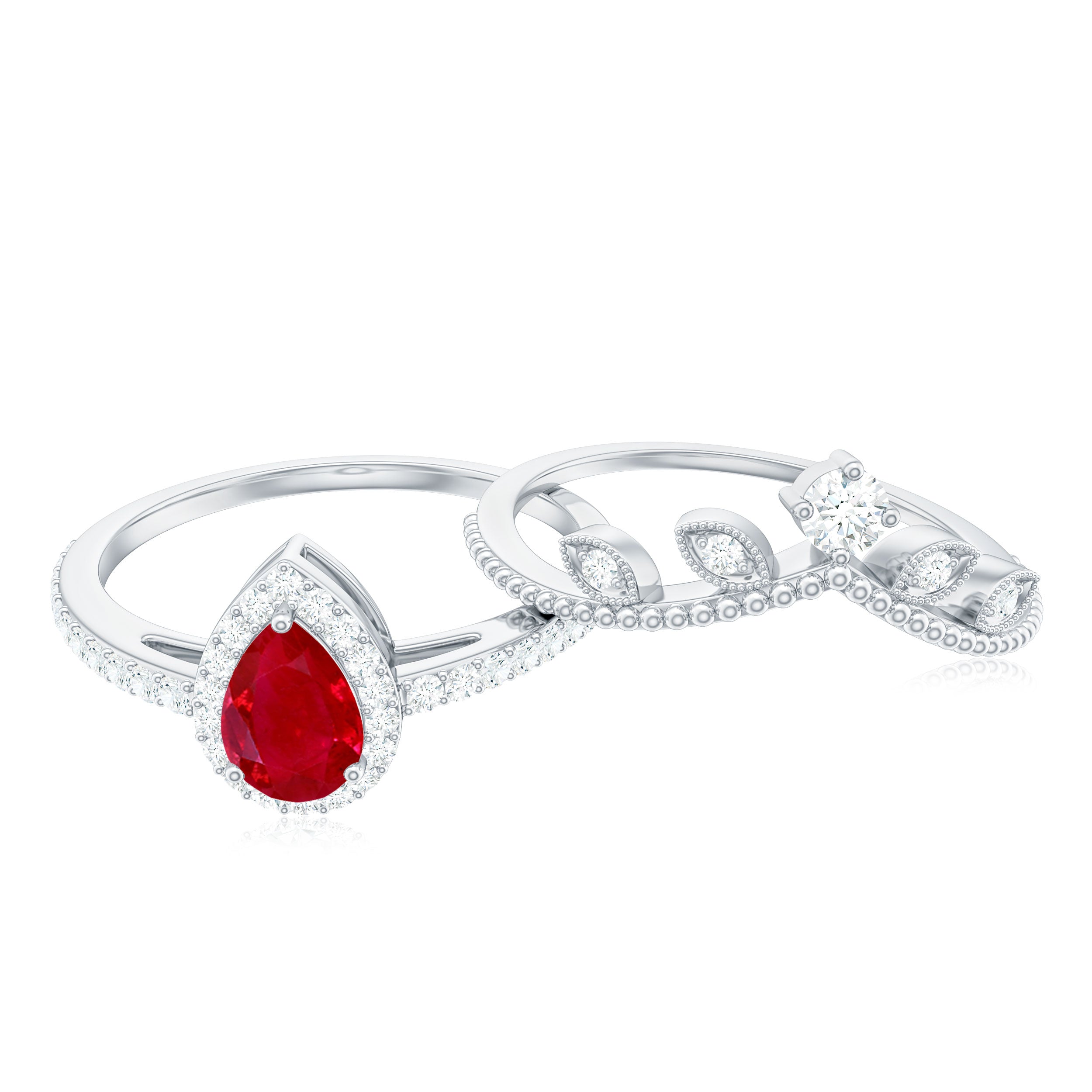 Vintage Looking Pear Shape Ruby Diamond Engagement Ring with Enhancer AAA - Rosec Jewels