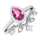Pink tourmaline Vintage Teardrop Wedding Ring Set with Diamond AAA - Rosec Jewels