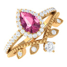 Pink tourmaline Vintage Teardrop Wedding Ring Set with Diamond AAA - Rosec Jewels