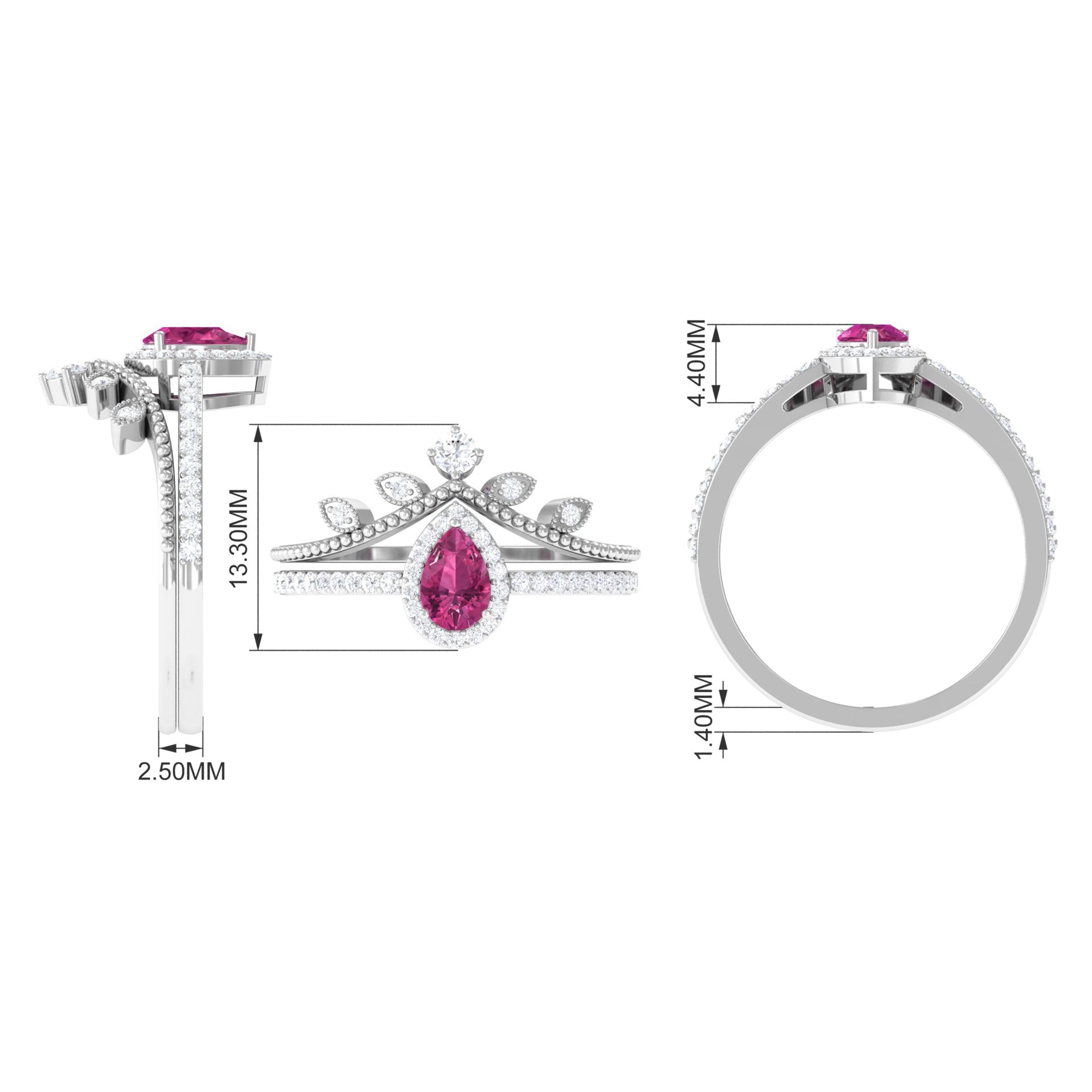 Pink tourmaline Vintage Teardrop Wedding Ring Set with Diamond AAA - Rosec Jewels