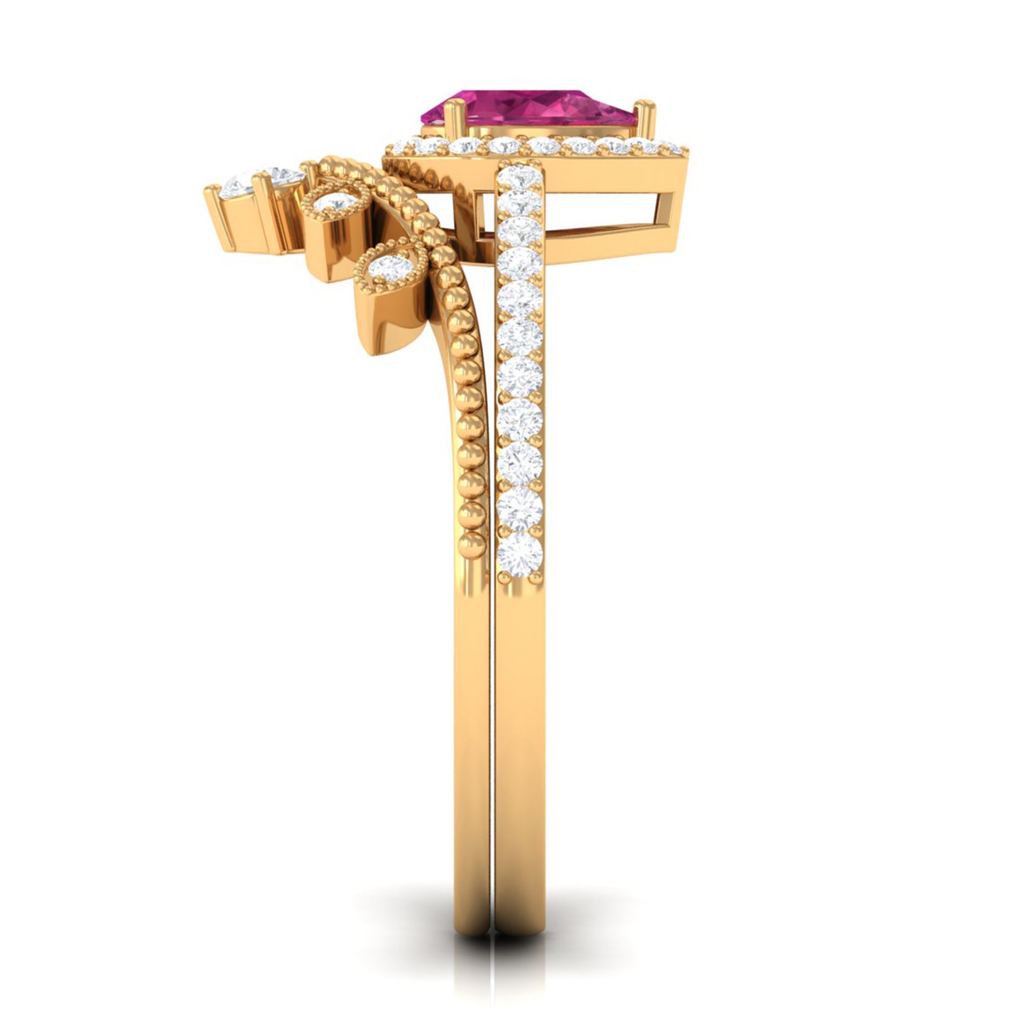 Pink tourmaline Vintage Teardrop Wedding Ring Set with Diamond Pink Tourmaline - ( AAA ) - Quality - Rosec Jewels