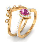 Pink tourmaline Vintage Teardrop Wedding Ring Set with Diamond AAA - Rosec Jewels