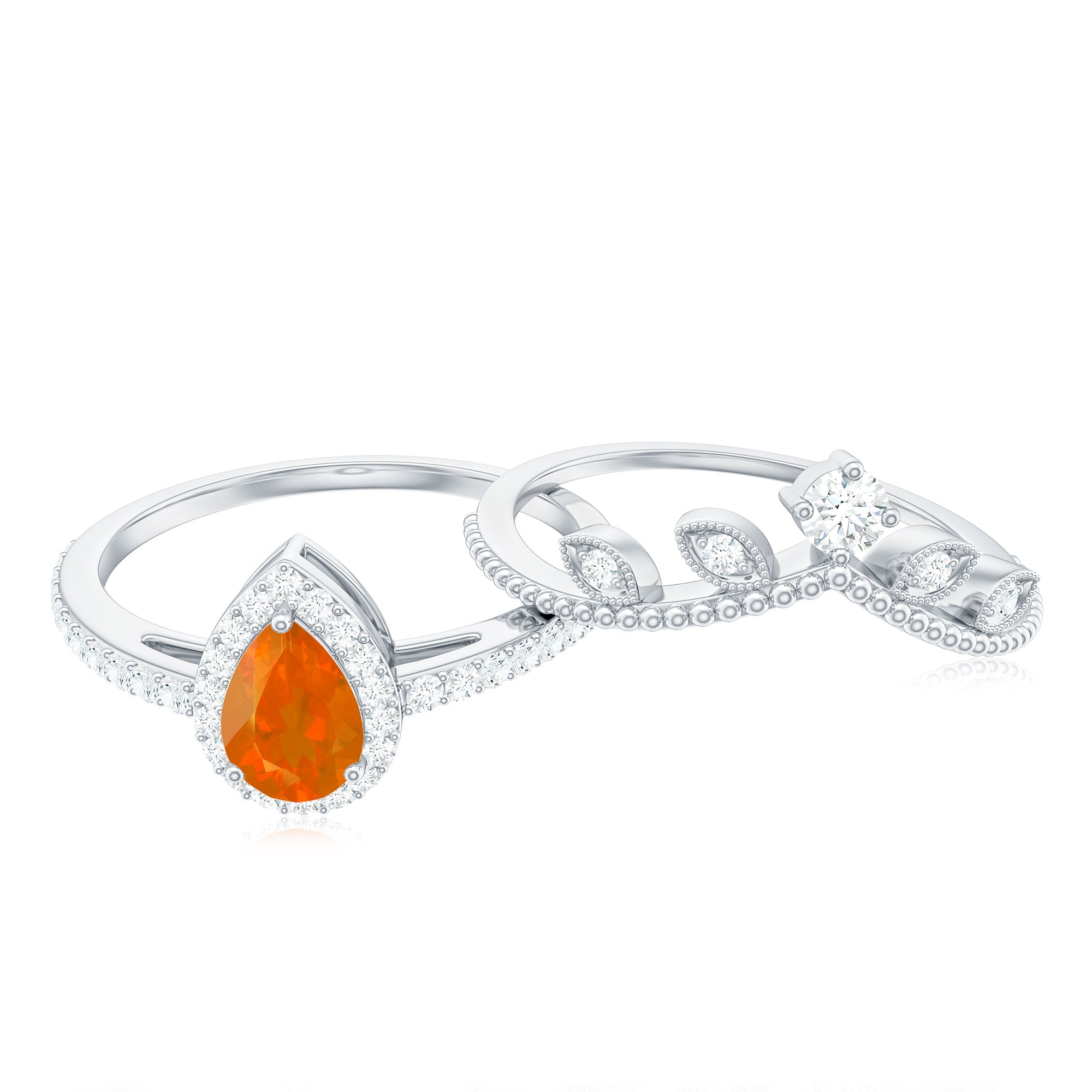Vintage Inspired Fire Opal Teardrop Wedding Ring Set with Diamond AAA - Rosec Jewels
