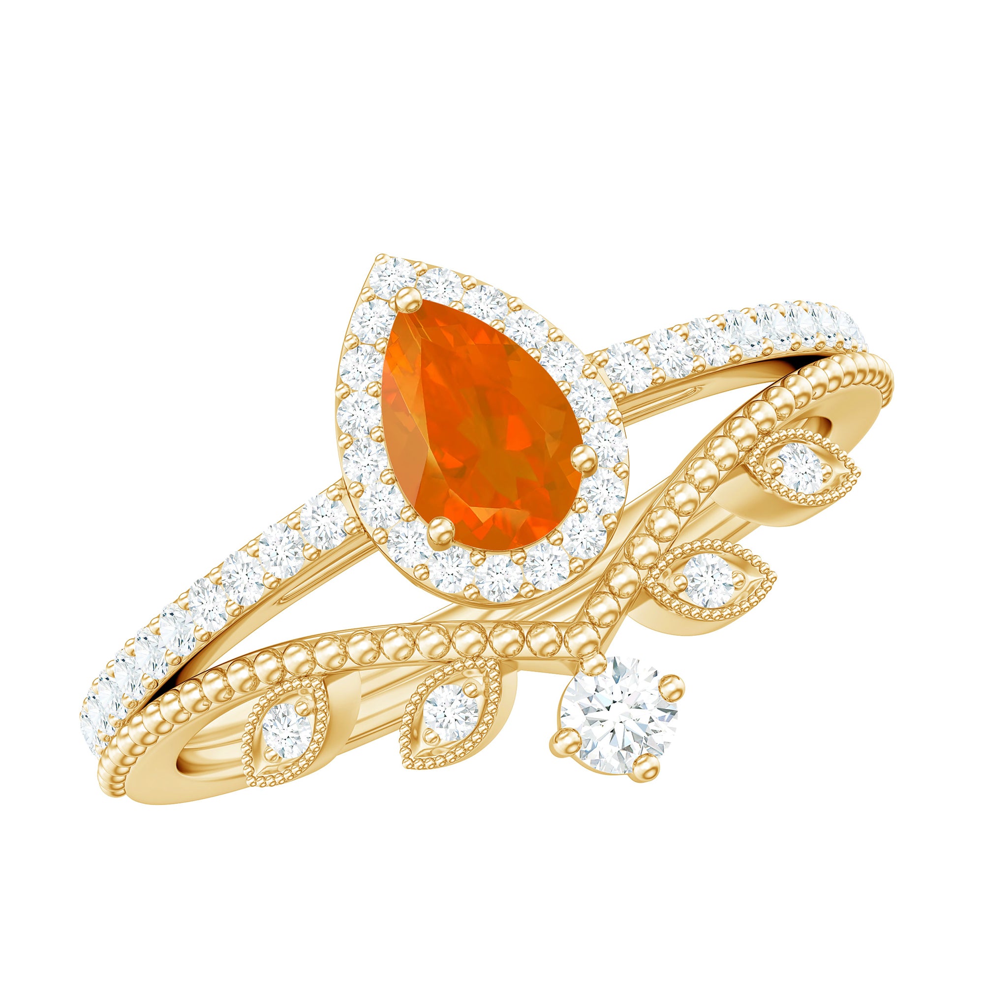 Vintage Inspired Fire Opal Teardrop Wedding Ring Set with Diamond Fire Opal - ( AAA ) - Quality - Rosec Jewels