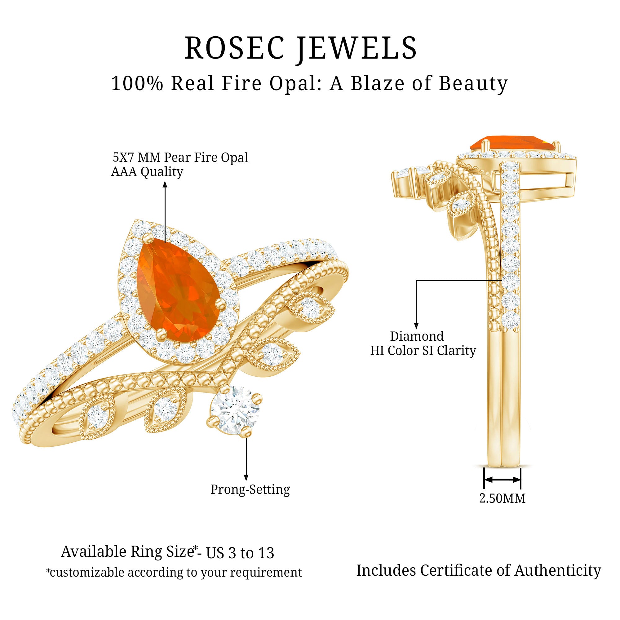 Vintage Inspired Fire Opal Teardrop Wedding Ring Set with Diamond AAA - Rosec Jewels