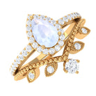 1.5 Vintage Inspired Moonstone Teardrop Wedding Ring Set with Diamond AAA - Rosec Jewels