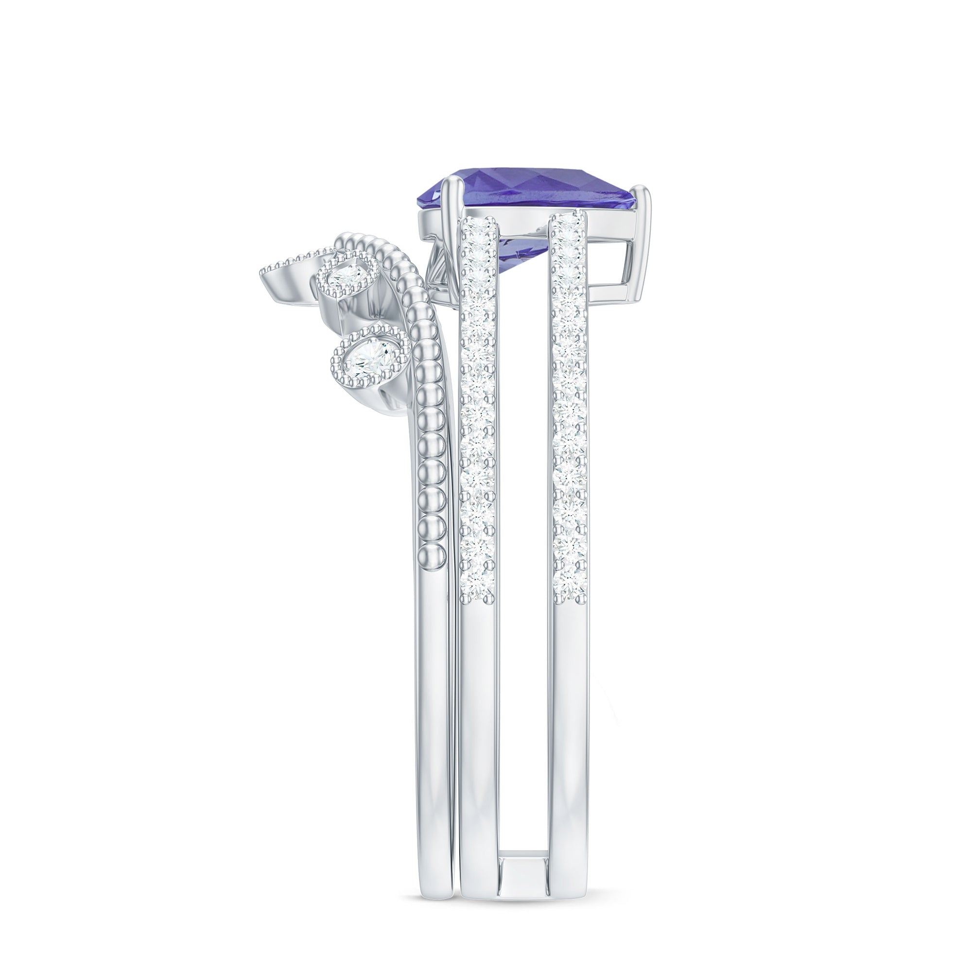Rosec Jewels-Real Tanzanite Diamond Double Band Engagement Ring with Curved Wedding Band