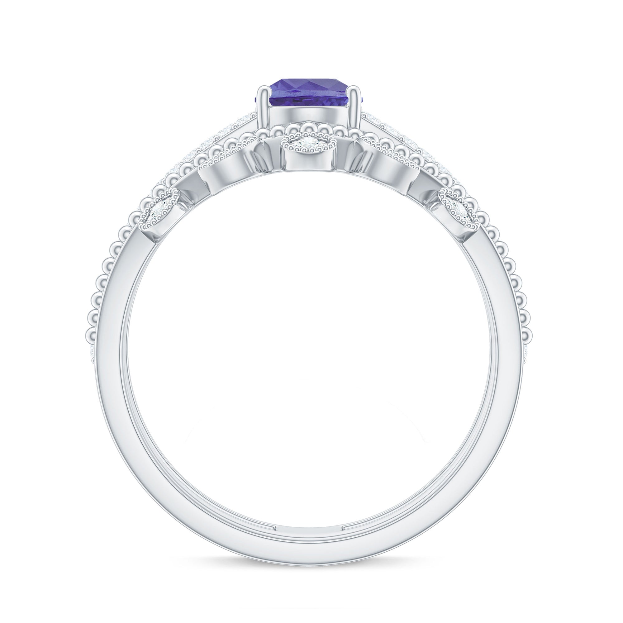 Rosec Jewels-Real Tanzanite Diamond Double Band Engagement Ring with Curved Wedding Band