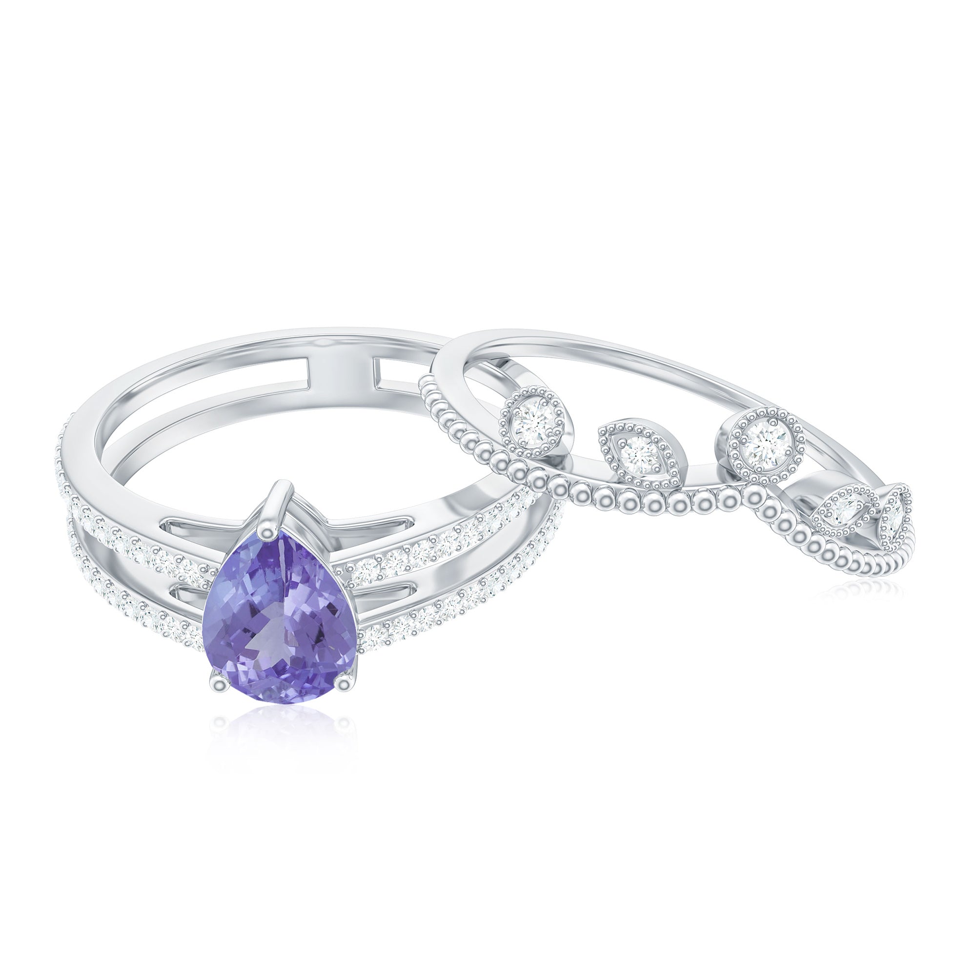 Rosec Jewels-Real Tanzanite Diamond Double Band Engagement Ring with Curved Wedding Band