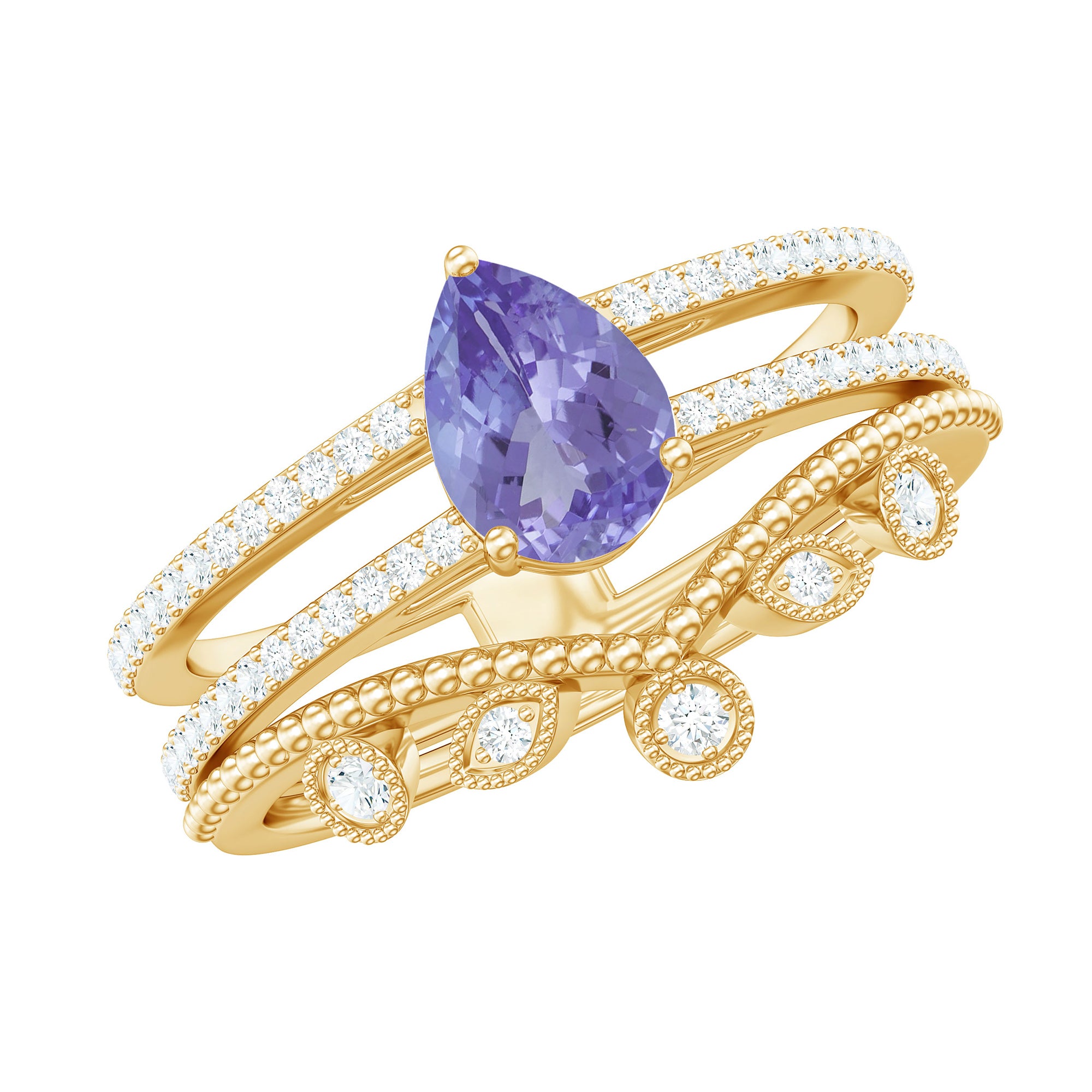 Rosec Jewels-Real Tanzanite Diamond Double Band Engagement Ring with Curved Wedding Band