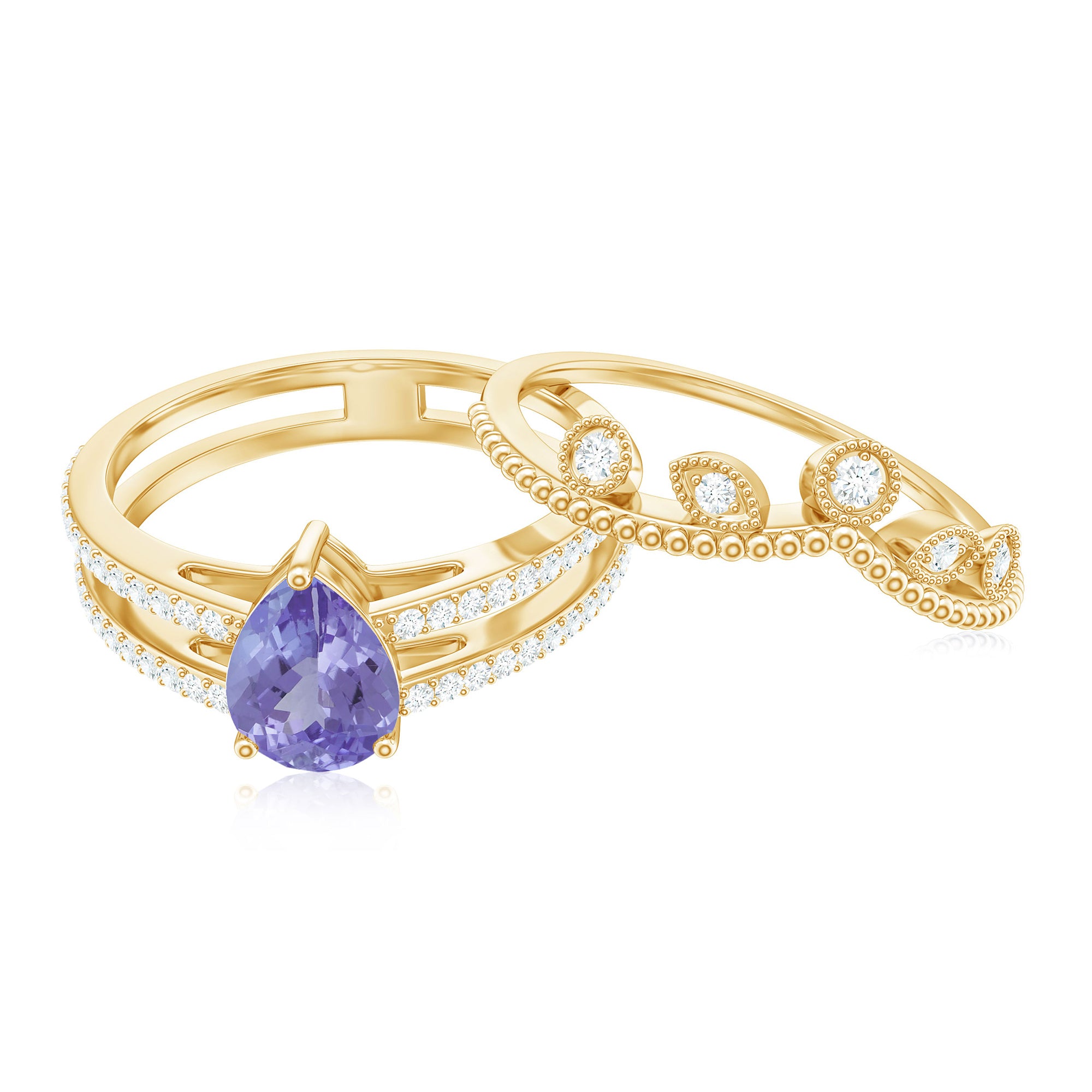 Rosec Jewels-Real Tanzanite Diamond Double Band Engagement Ring with Curved Wedding Band