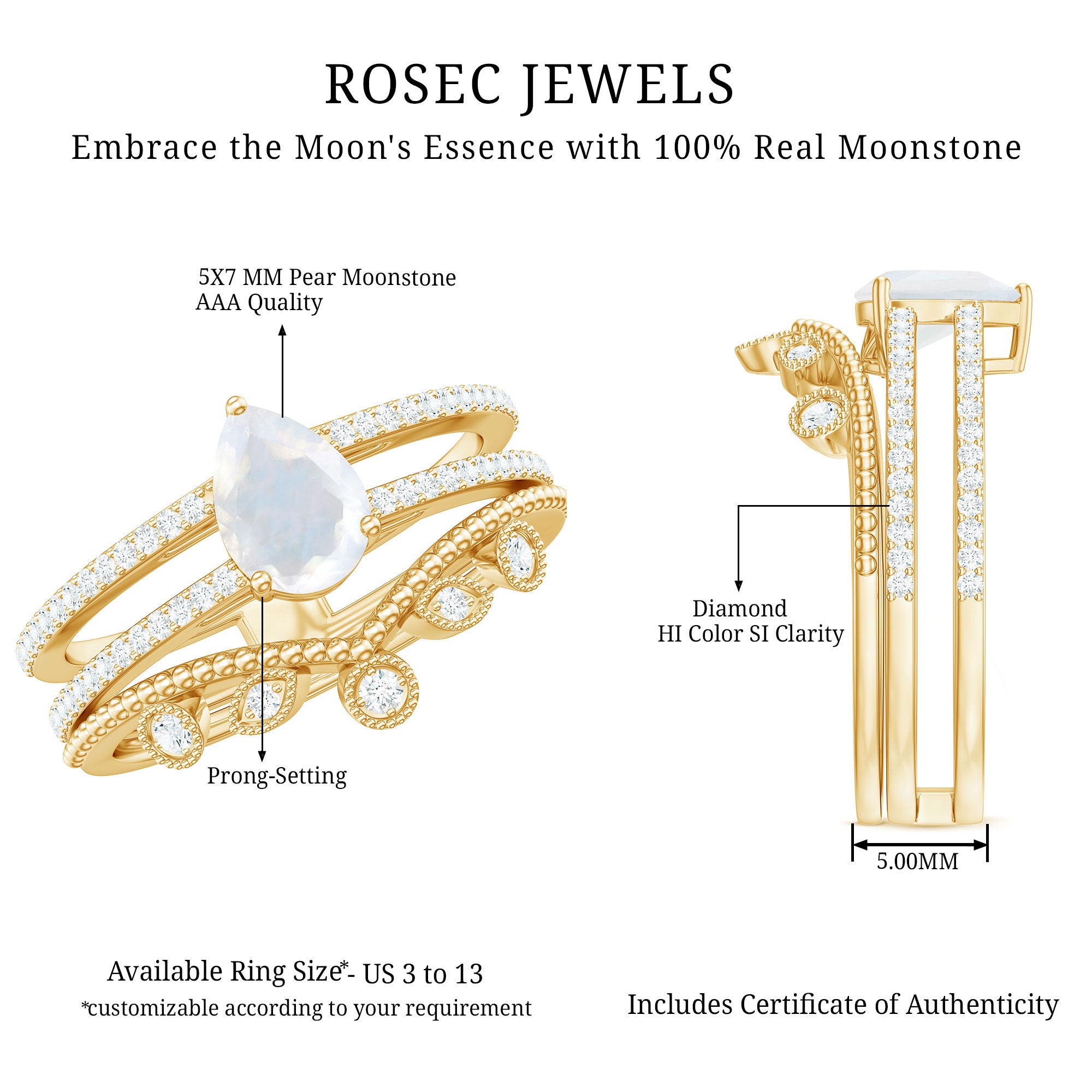 Pear Cut Natural Moonstone and Diamond Wedding Ring Set AAA - Rosec Jewels