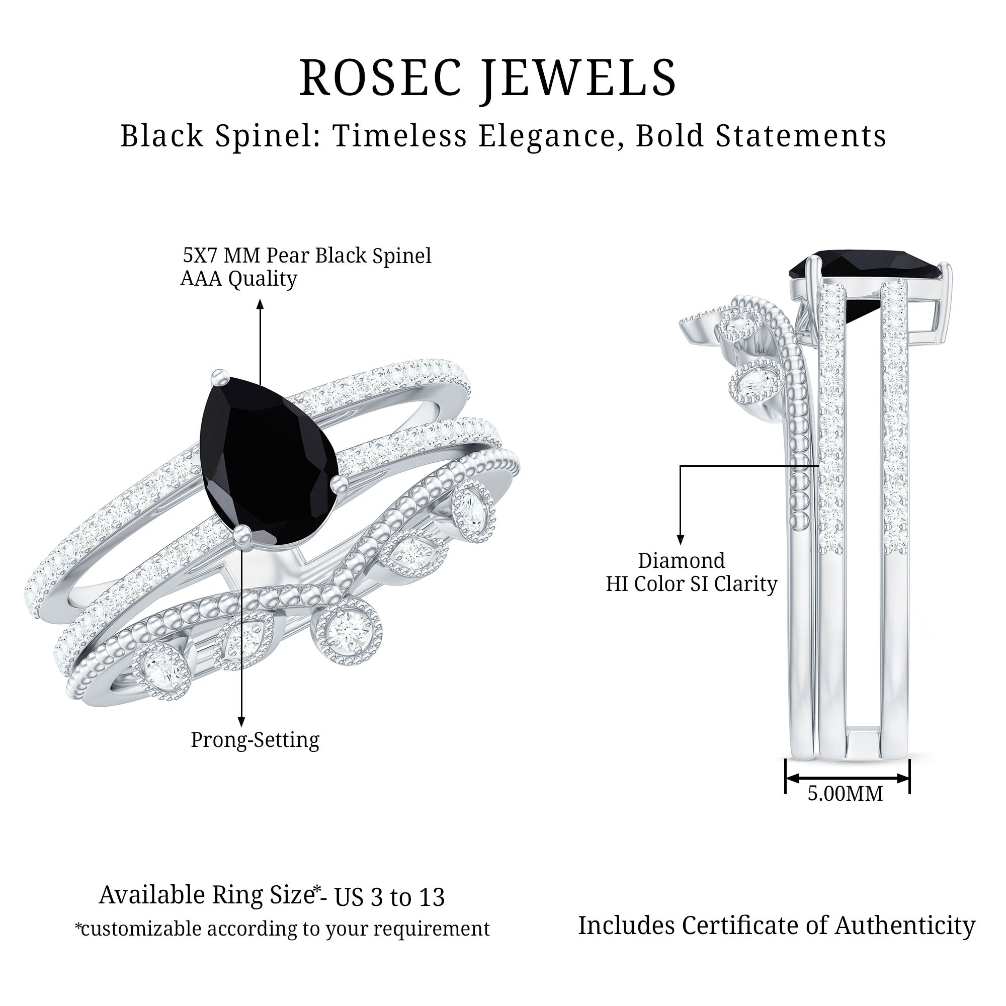 Vintage Style Black Spinel Diamond Wedding Ring Set for Women AAA - Rosec Jewels
