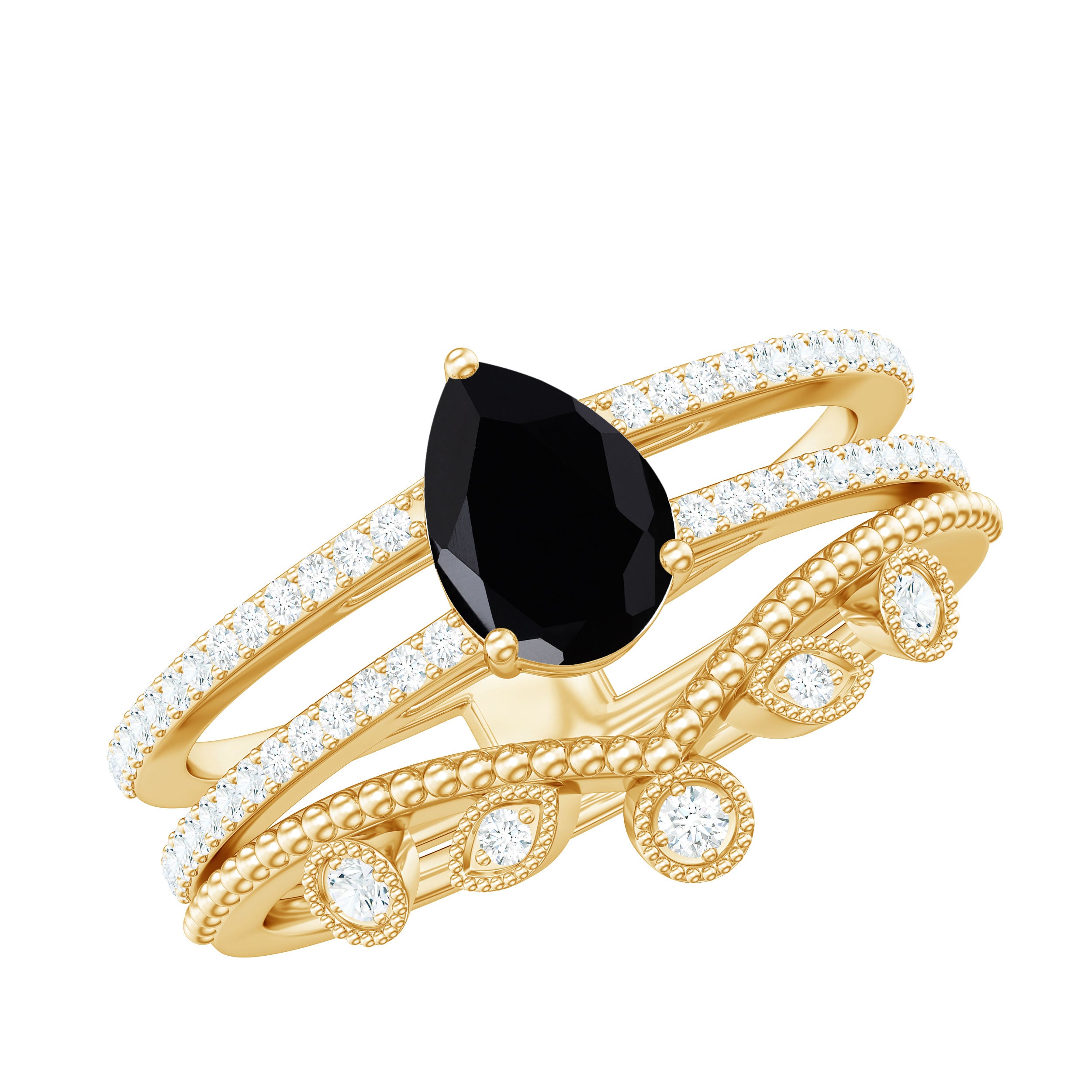 Vintage Style Black Spinel Diamond Wedding Ring Set for Women AAA - Rosec Jewels