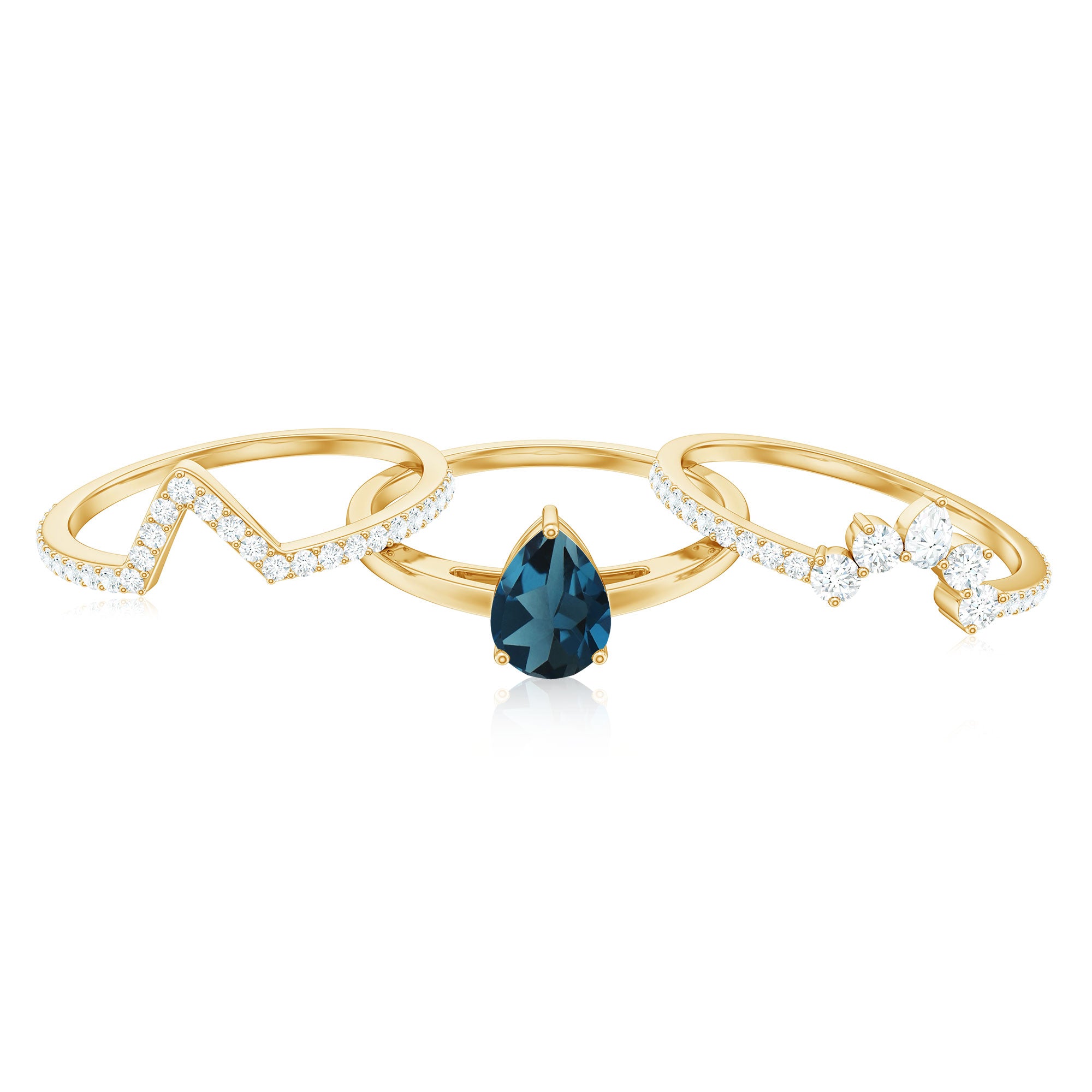 Rosec Jewels-Pear Shape London Blue Topaz and Diamond Trio Ring Set