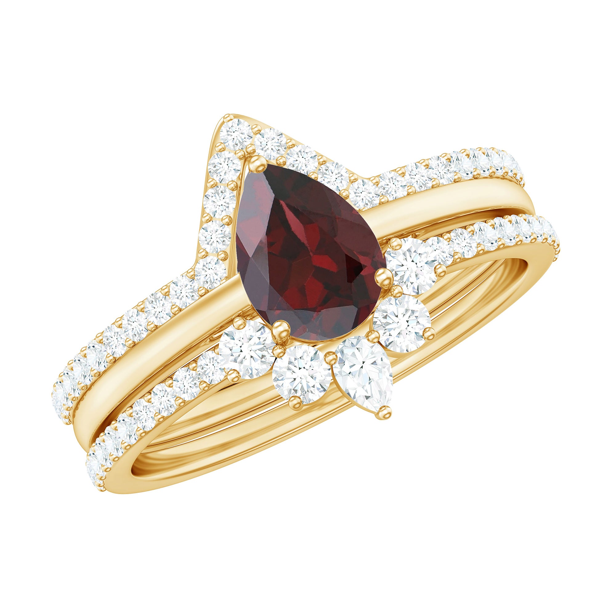 Rosec Jewels-Natural Pear Shaped Garnet Diamond 3 Piece Bridal Ring Set