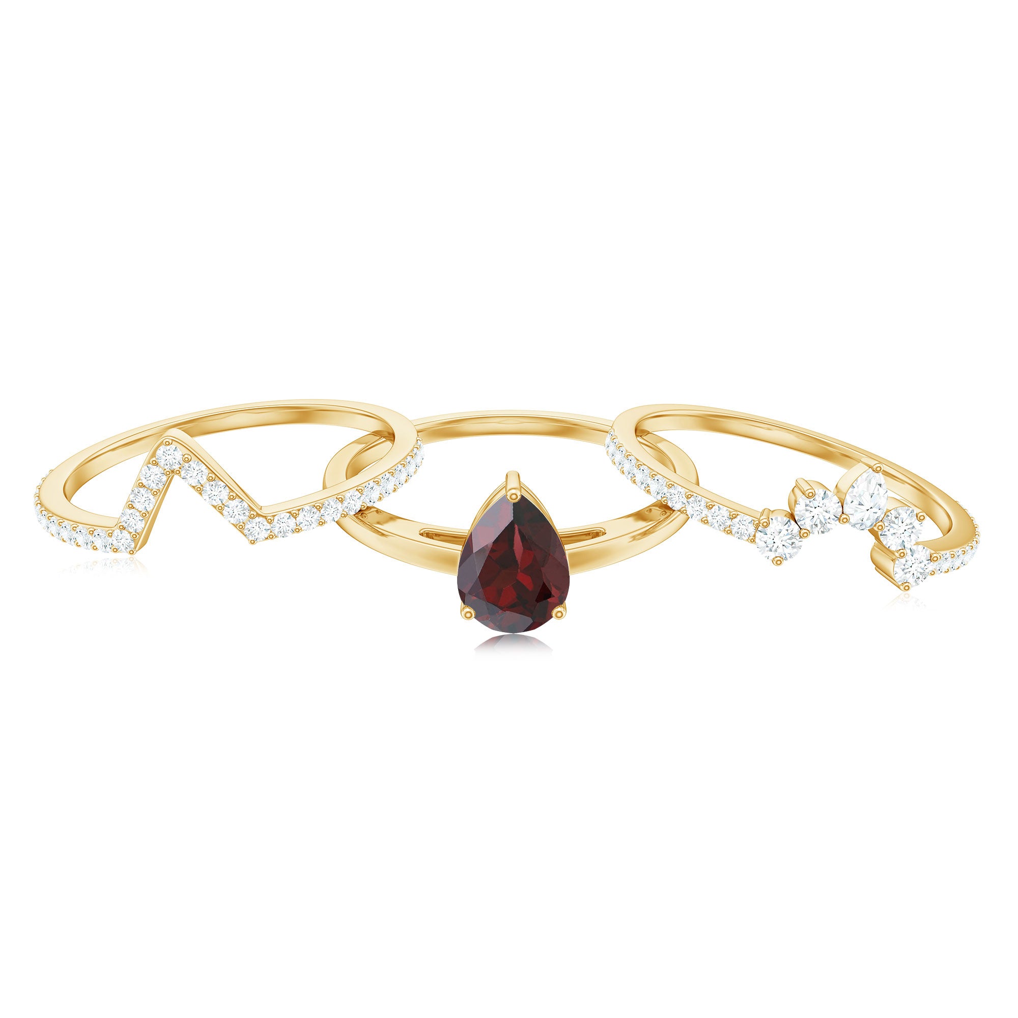 Rosec Jewels-Natural Pear Shaped Garnet Diamond 3 Piece Bridal Ring Set