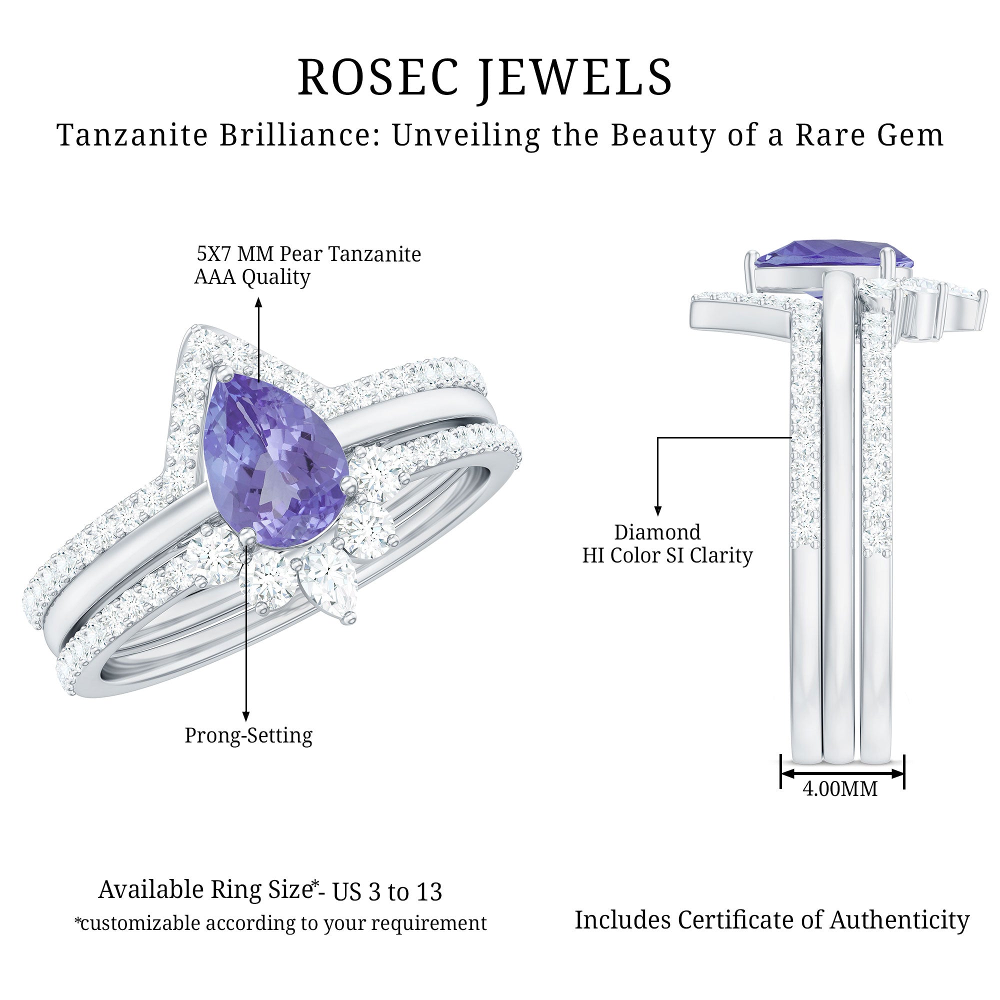 Rosec Jewels-Natural Tanzanite Diamond 3 Piece Wedding Ring Set