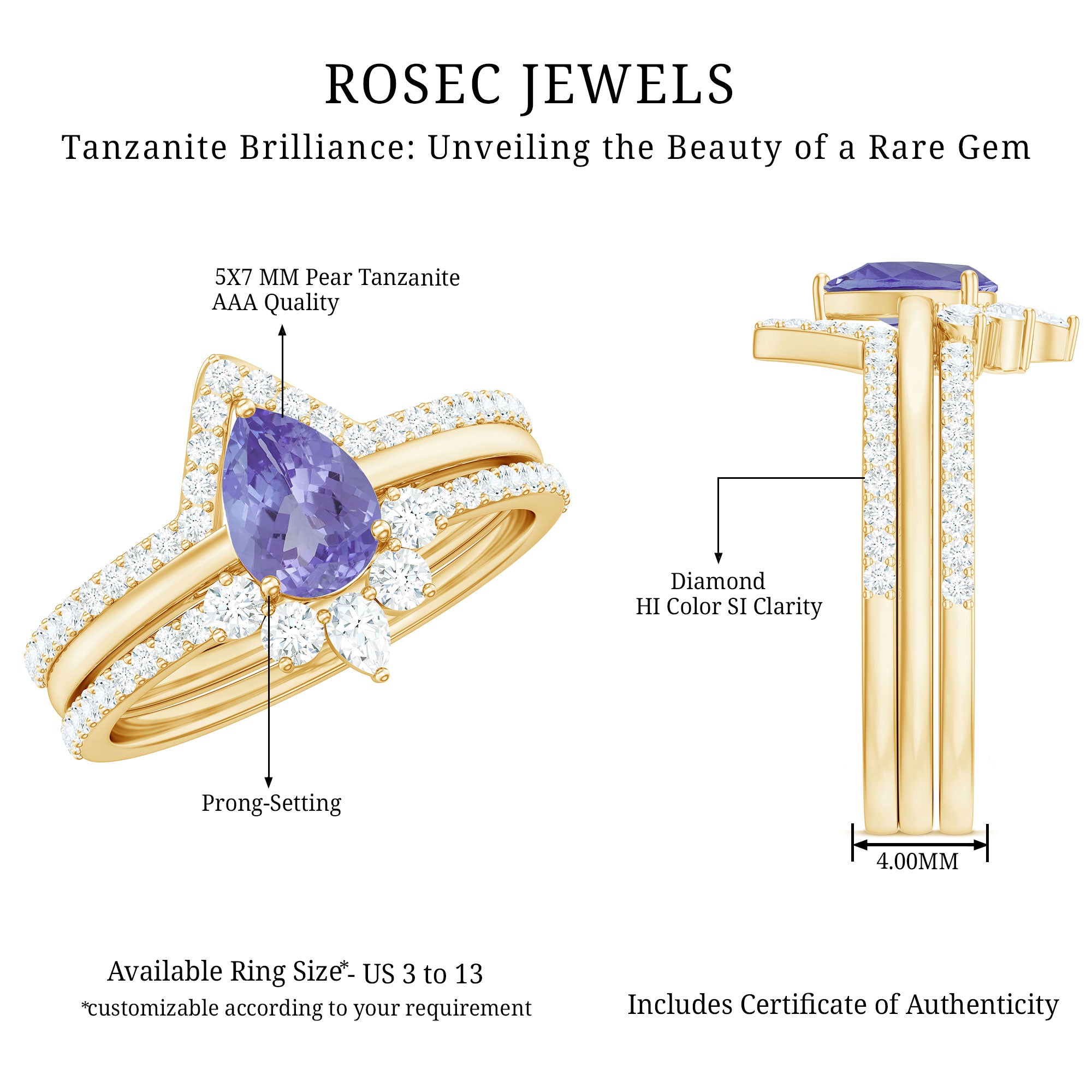 Rosec Jewels-Natural Tanzanite Diamond 3 Piece Wedding Ring Set