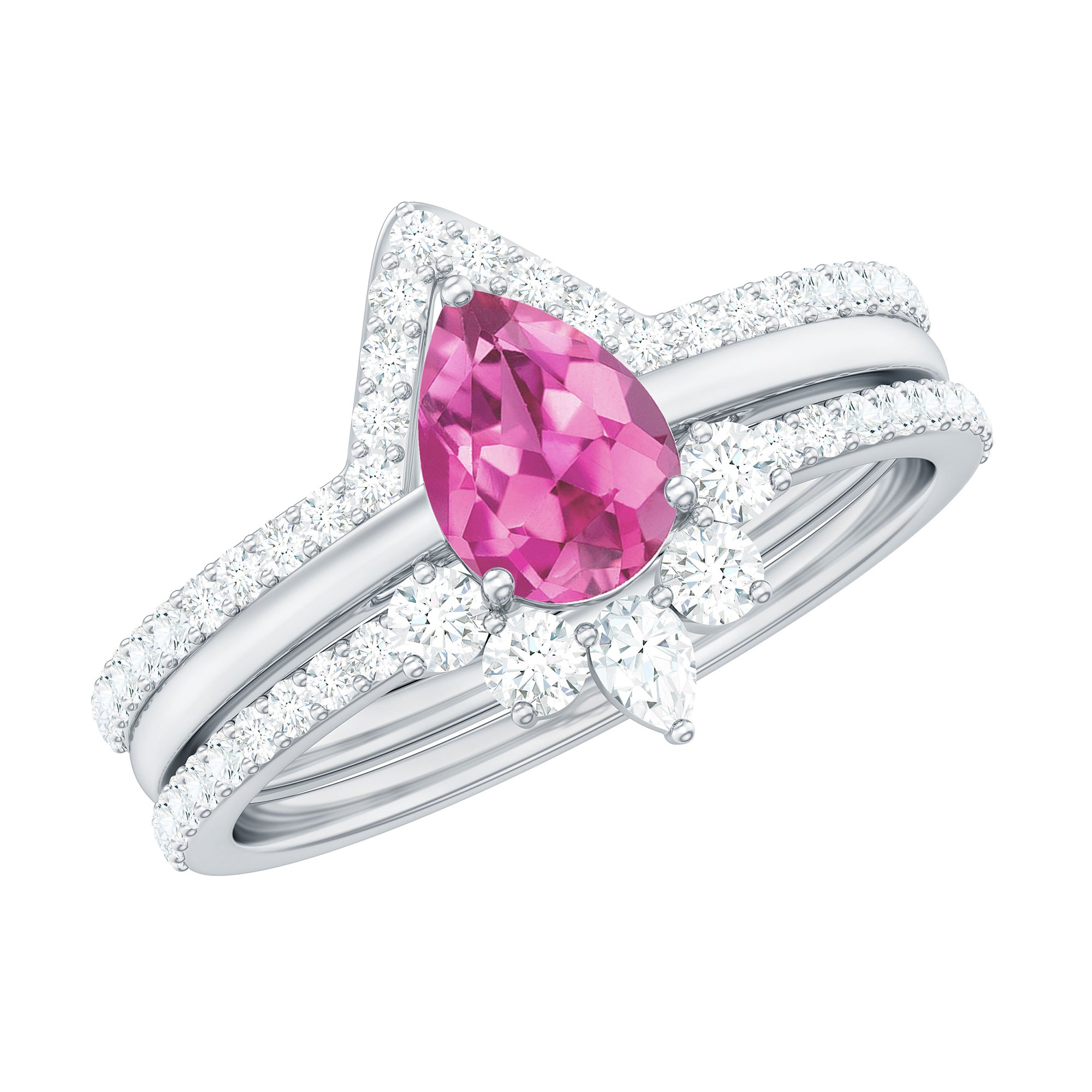 Pear Cut Pink Tourmaline Trio Wedding Ring Set with Moissanite AAA - Rosec Jewels