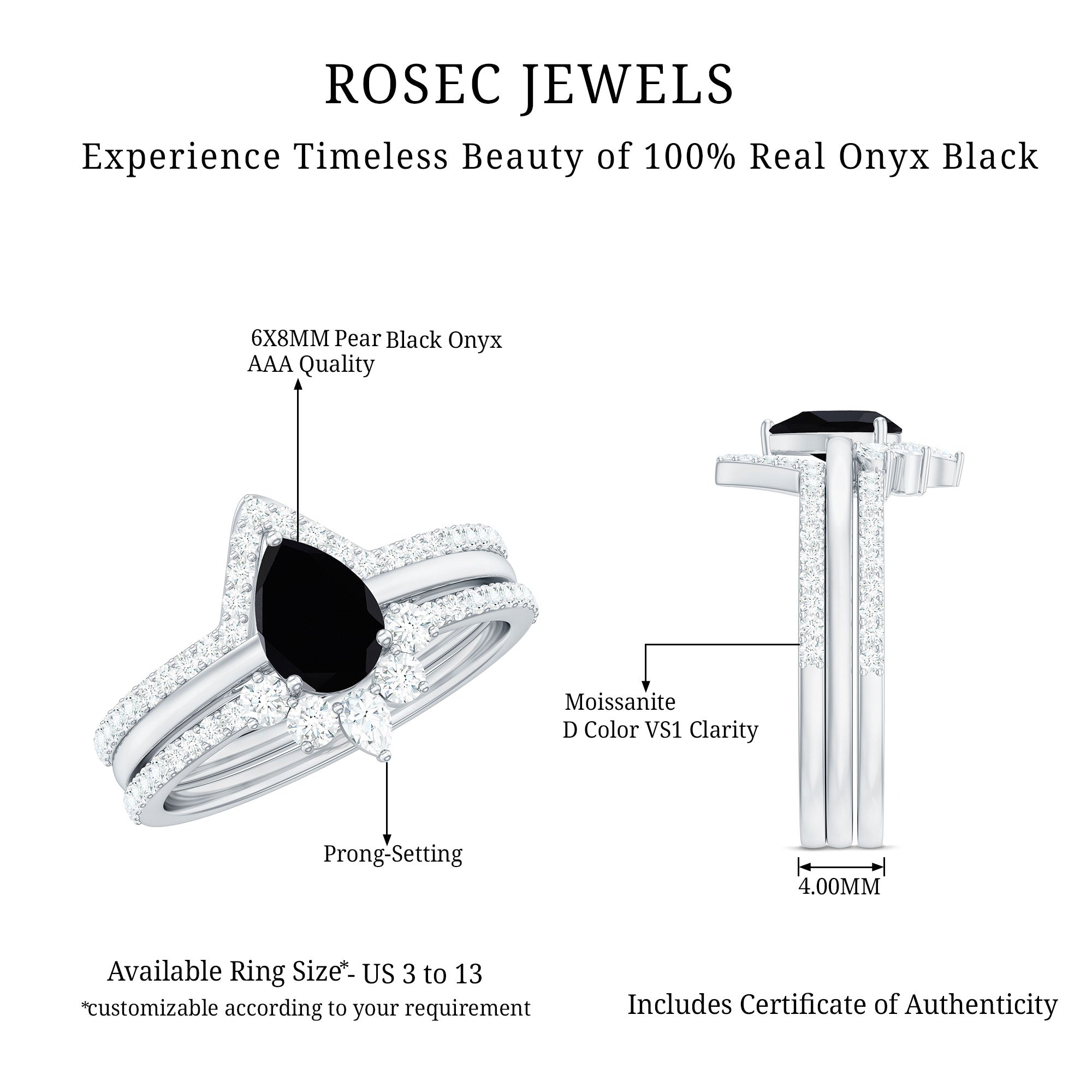 6X8mm Pear Shaped Black Onyx Engagement Ring With Ring Guards AAA - Rosec Jewels