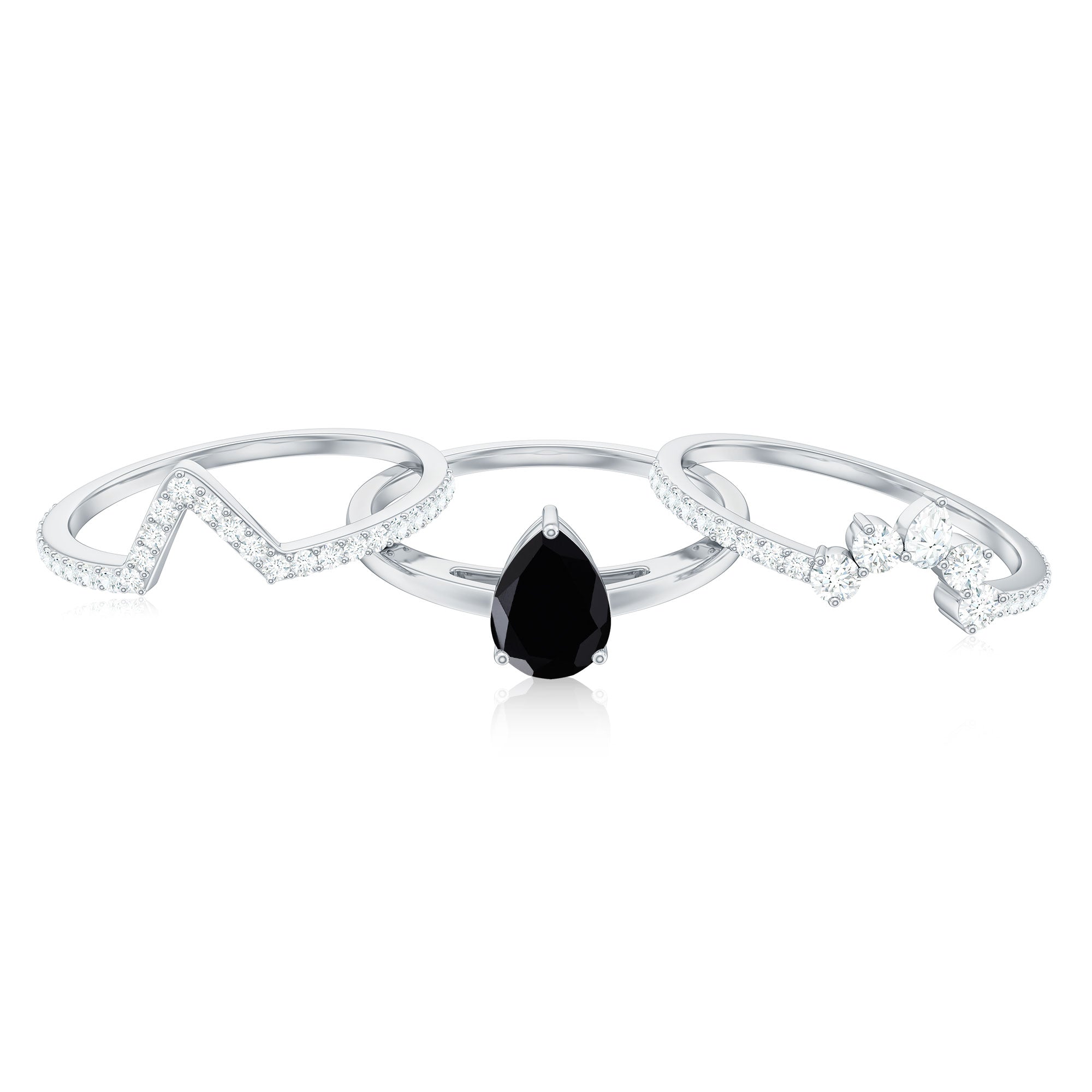 Certified Natural Black Spinel 3 Piece Wedding Ring Set with Moissanite AAA - Rosec Jewels